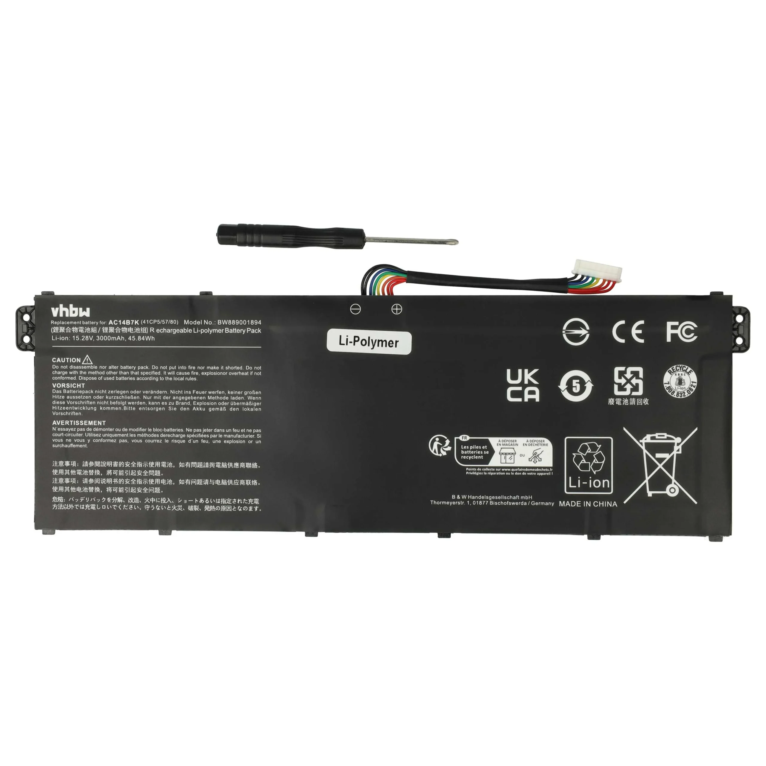 Batterie remplace Acer AC14B7K pour ordinateur portable Acer- 3000mAh 15,28V Li-polymère, noir