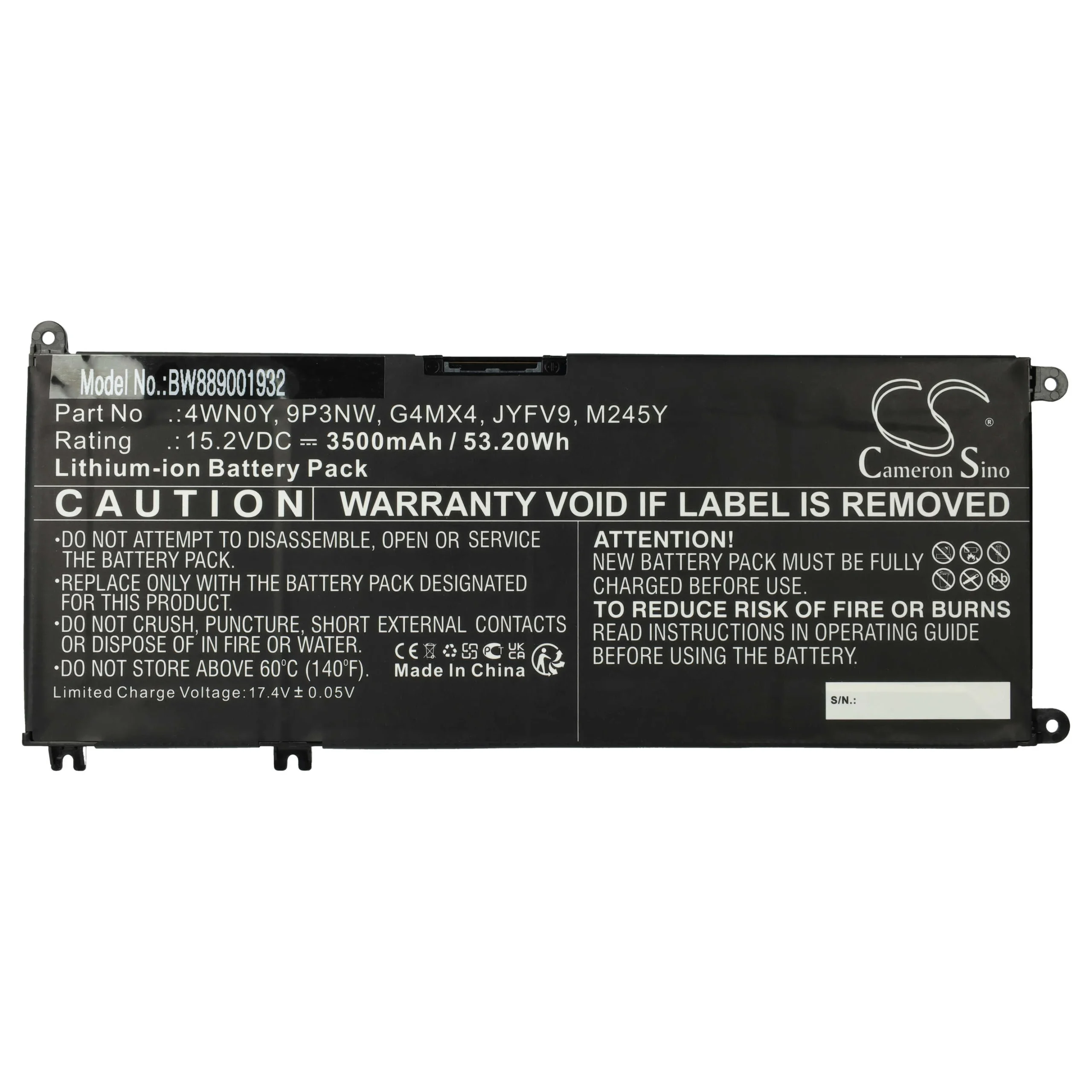 Batterie remplace Dell JYFV9, G4MX4, 4WN0Y, 9P3NW pour ordinateur portable Dell- 3500mAh 15,2V Li-ion, noir