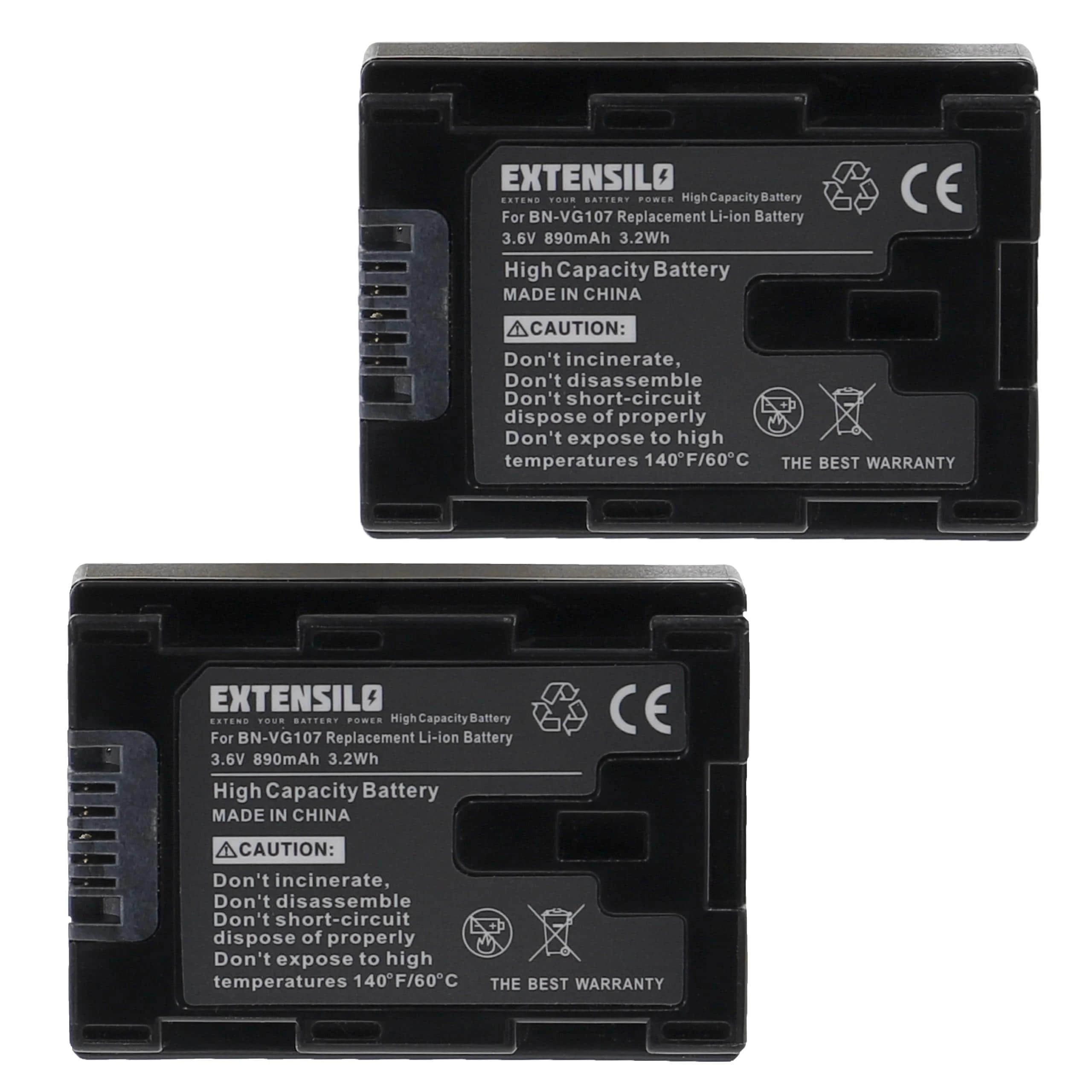 2x Batteries remplace JVC BN-VG107E, BN-VG107U, BN-VG107 pour appareil photo JVC- 890mAh 3,6V Li-ion