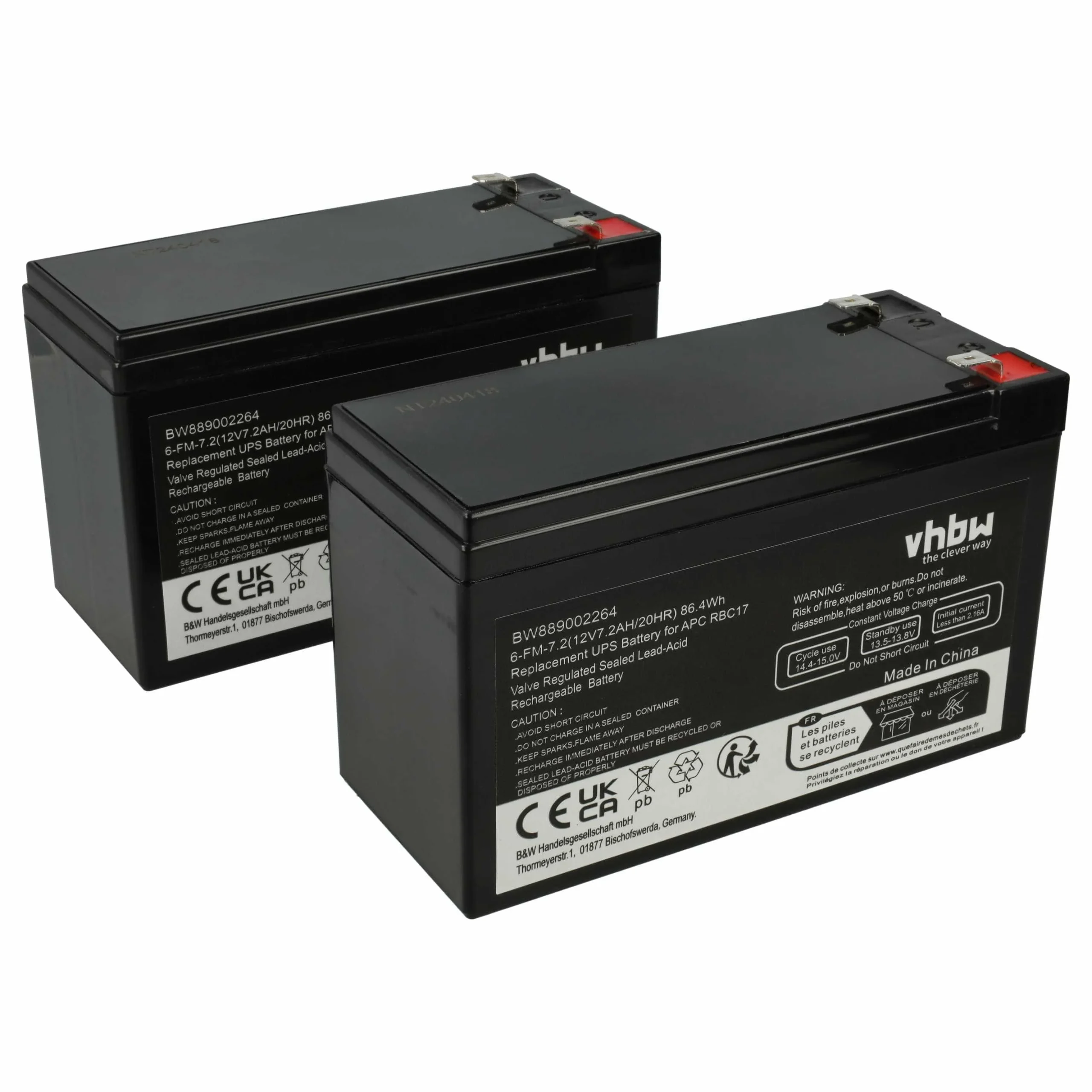 Batterie (2 pcs.) remplace APC RBC48 ASI - 7200mAh 12V AGM
