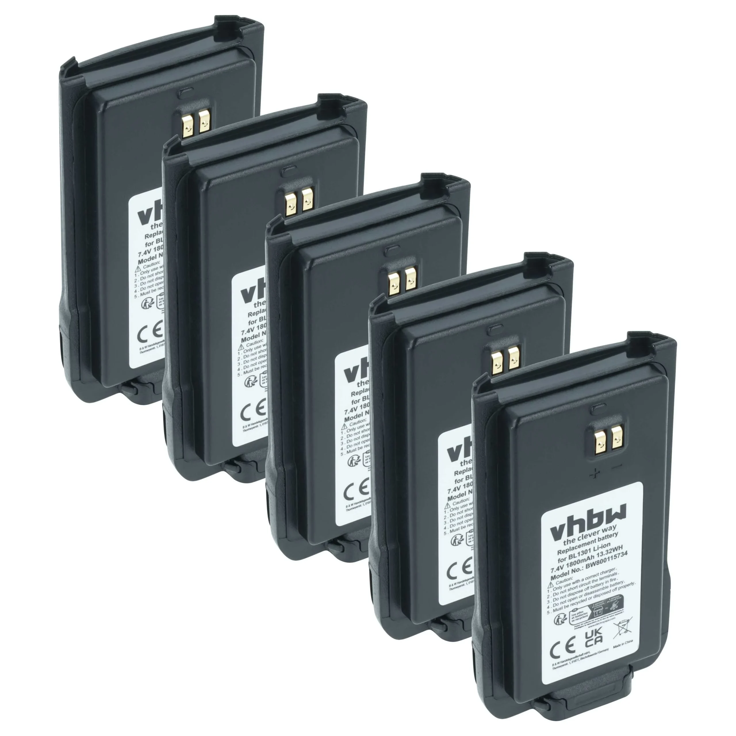 5x Batteries remplace Hyt / Hytera BL1301, BL1719 pour radio talkie-walkie Hyt / Hytera- 1800mAh 7,4V Li-ion