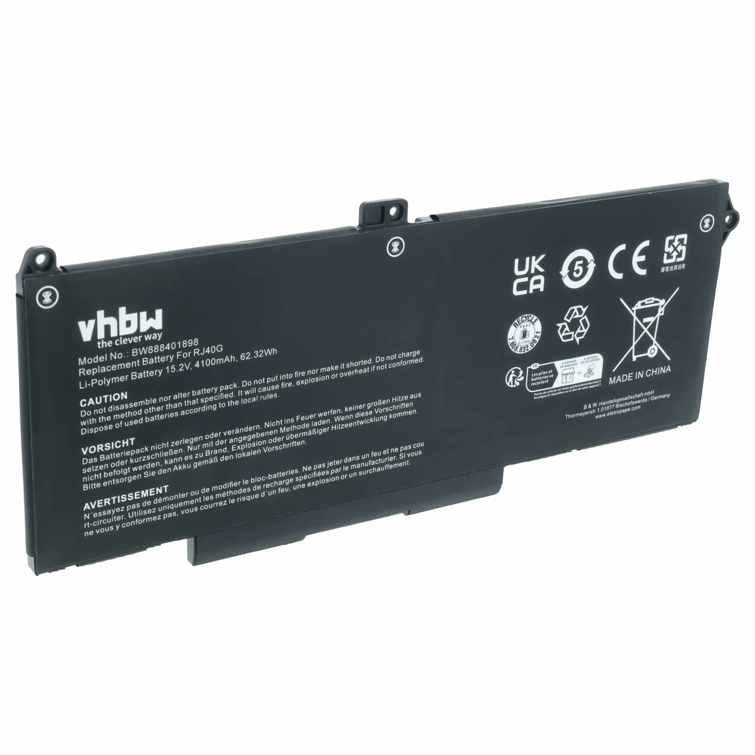 Batterie remplace Dell RJ40G, 075X16 pour ordinateur portable Dell- 4100mAh 15,2V Li-polymère, noir