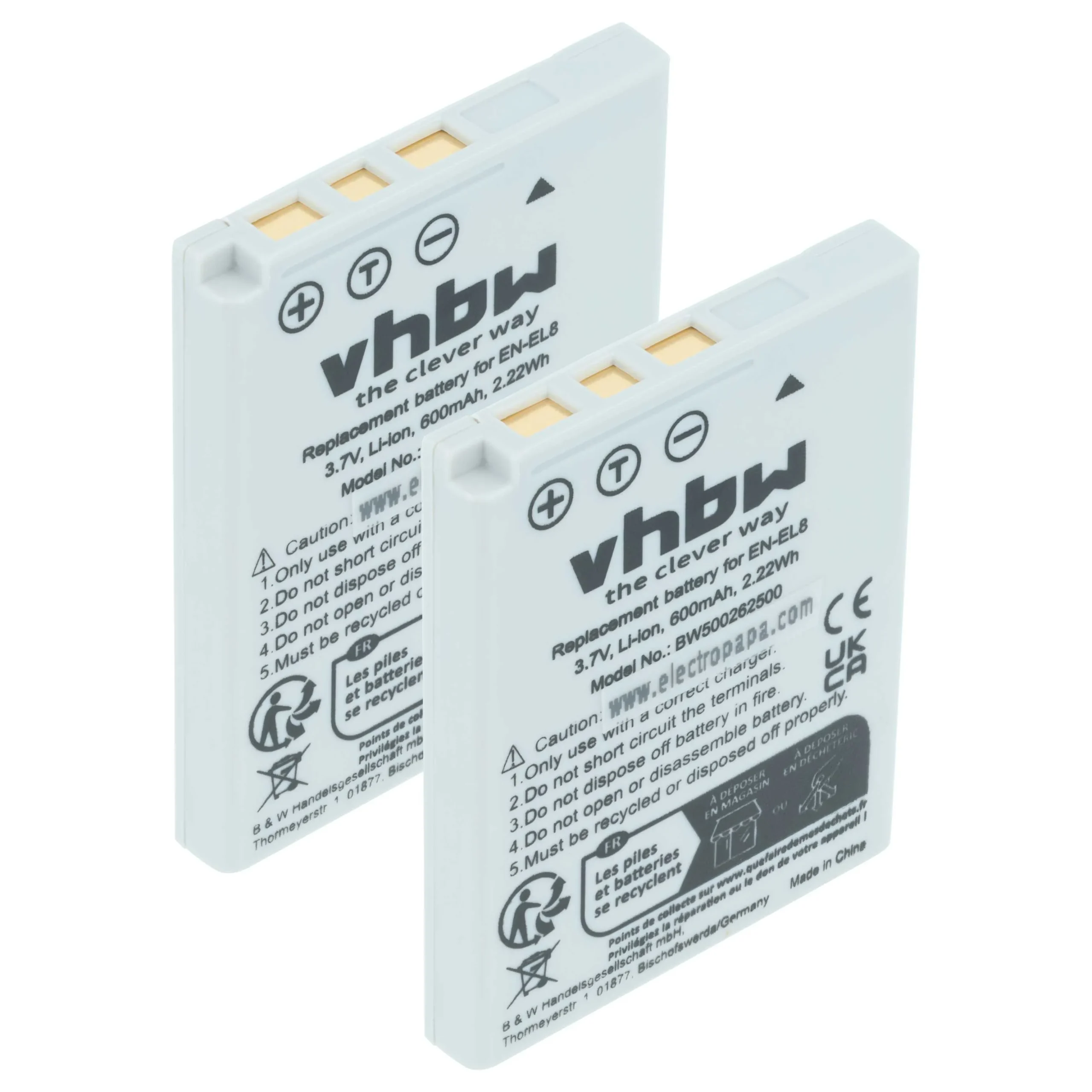 2x Batteries remplace Nikon EN-EL8 pour appareil photo Nikon- 600mAh 3,6V Li-ion