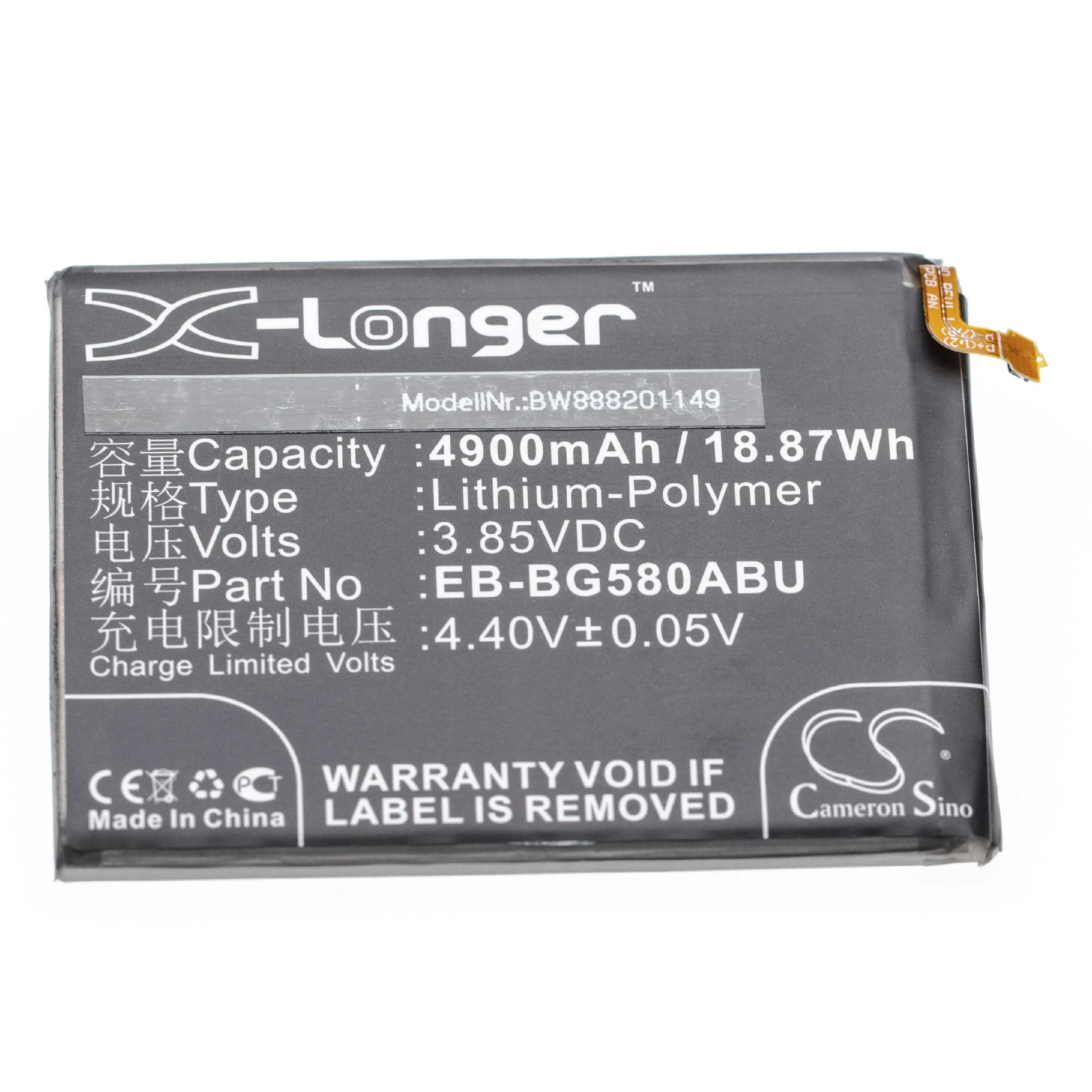 Batterie remplace Samsung GH82-18701A, EB-BG580ABU téléphone portable Samsung - 4900mAh 3,85V Li-polymère