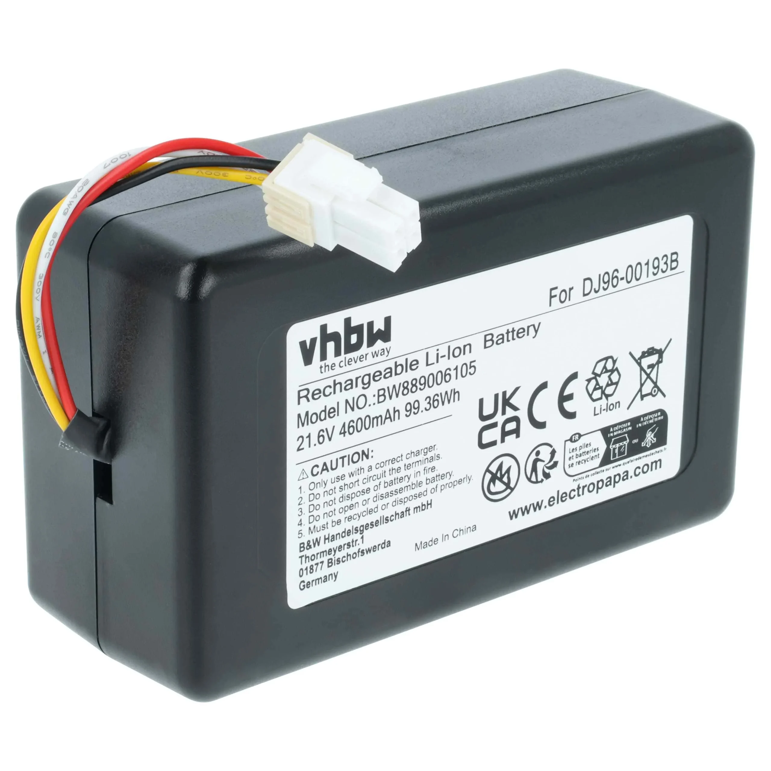 Batterie remplace Samsung DJ68-00741V-00, DJ96-00193B pour robot aspirateur Samsung - 4,6Ah 21,6V Li-ion