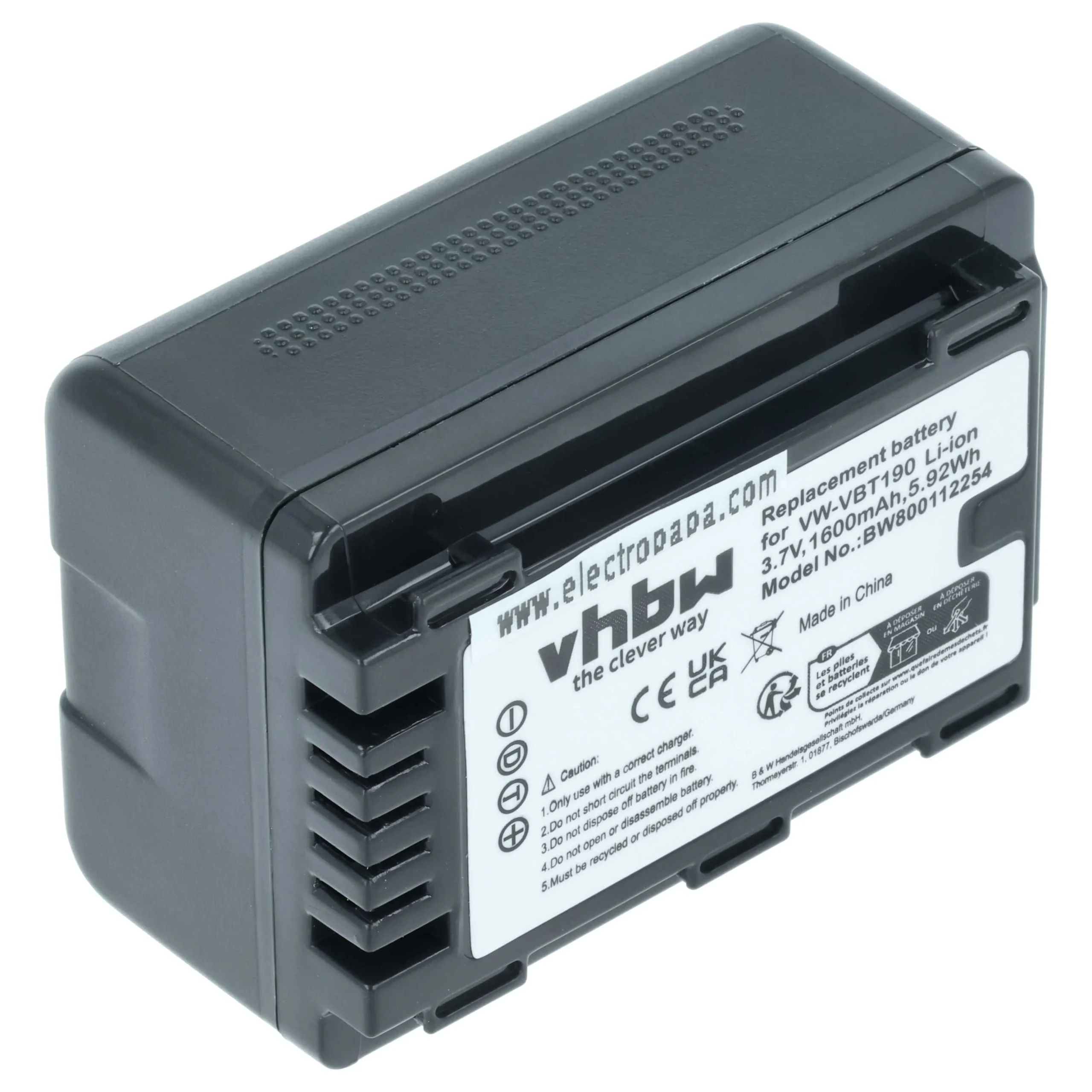 Batterie remplace Panasonic VW-VBT190 pour caméscope Panasonic- 1600mAh 3,6V Li-ion avec puce