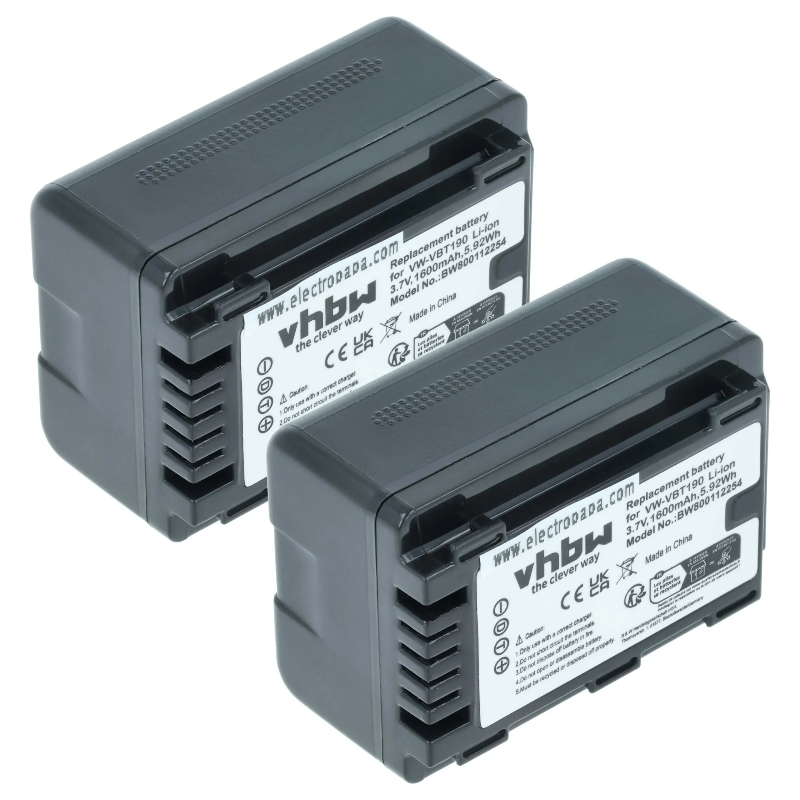 2x Batteries remplace Panasonic VW-VBT190 pour caméscope Panasonic- 1600mAh 3,6V Li-ion avec puce