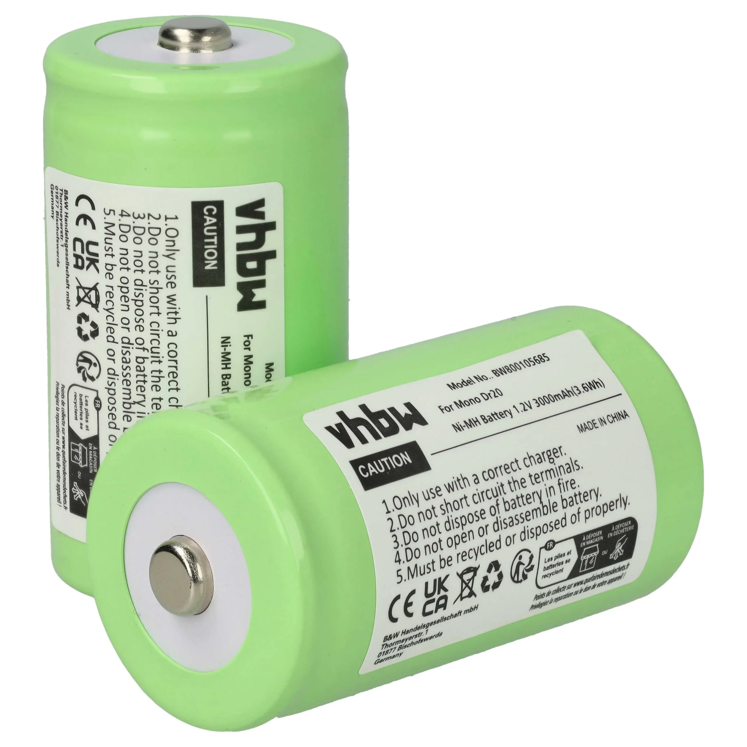 2x Batteries remplace HR20, D, LR20, KR20, R20, Mono pour radio talkie-walkie FATBOXUKW- 3000mAh 1,2V NiMH