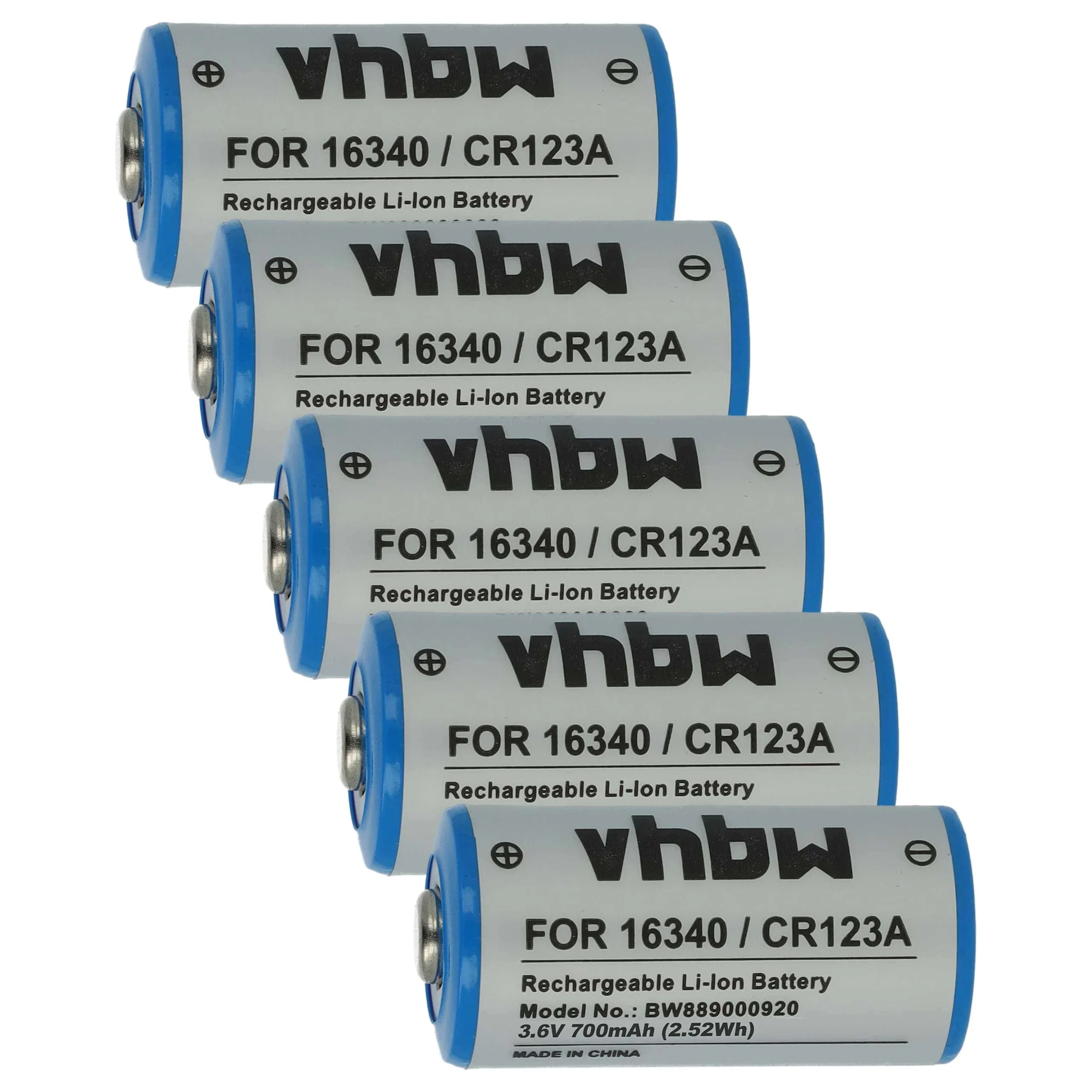 Batterie (5 pcs.) remplace 16340, DL123A, CR123R, CR17335, CR17345, CR123A - 700mAh 3,6V Li-ion, 1x cellules