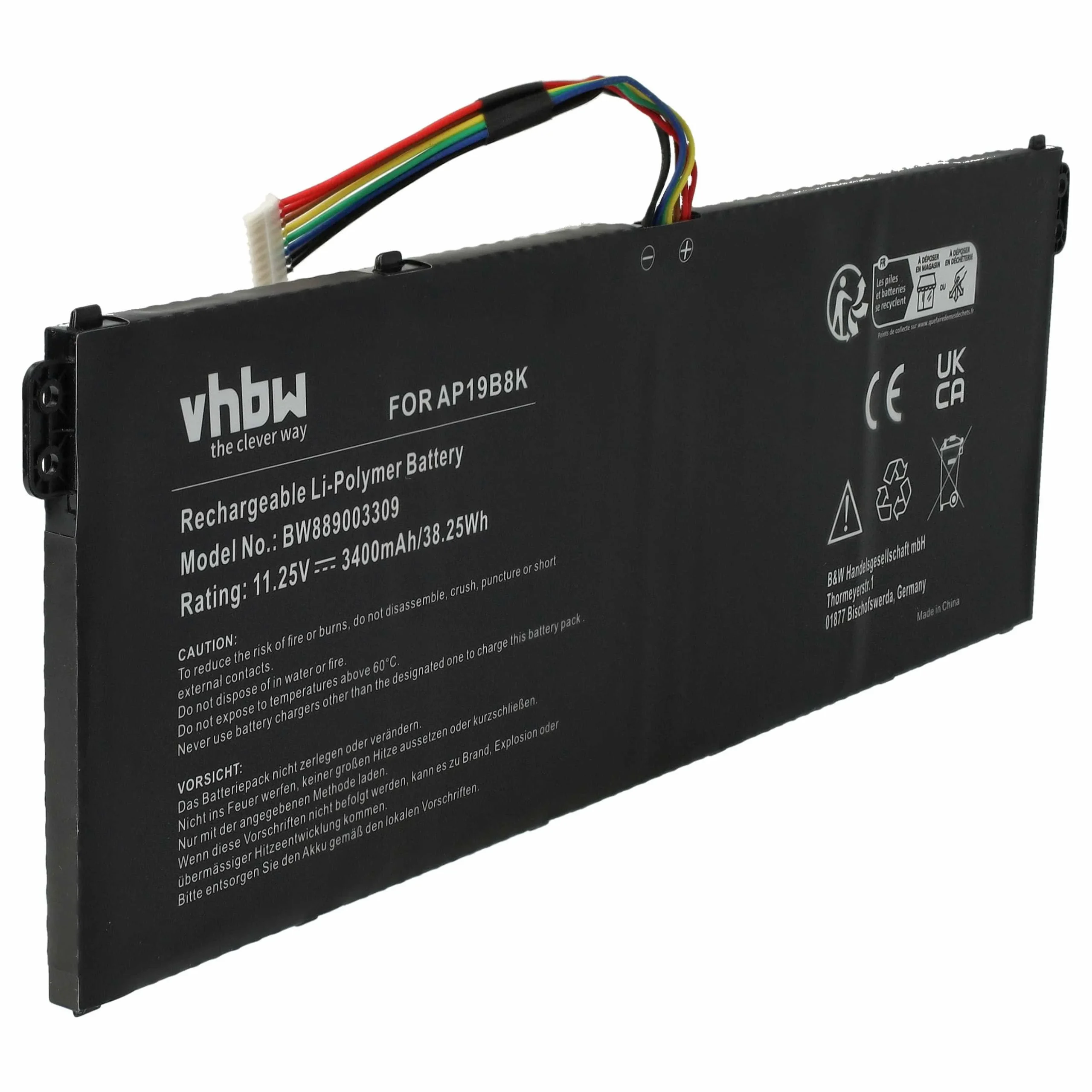 Batterie remplace Acer AP19B8K, AP18C4K pour ordinateur portable Acer- 3400mAh 11,25V Li-polymère, noir