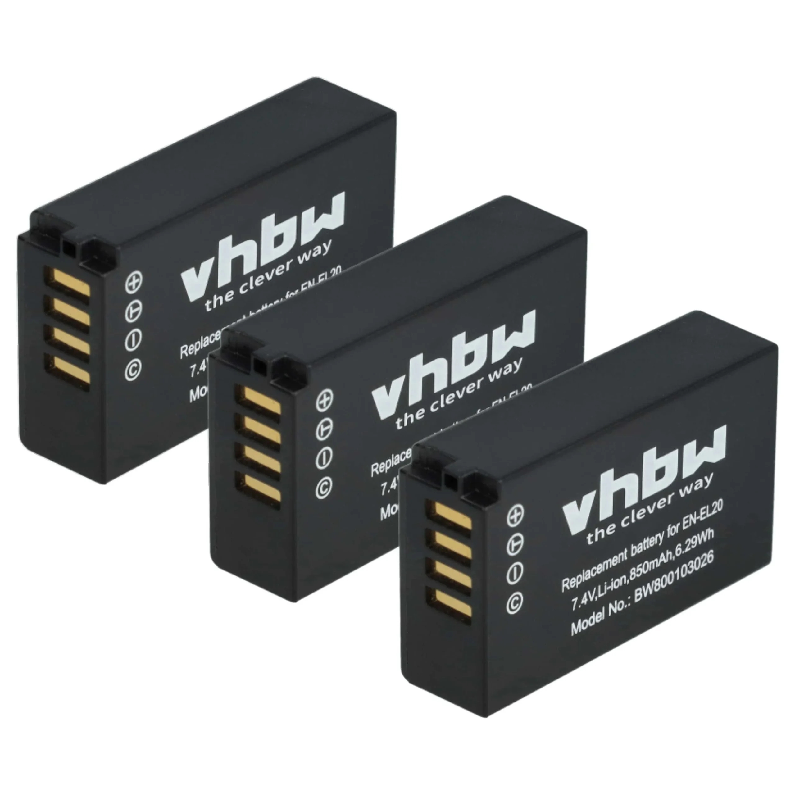 3x Batteries remplace Nikon EN-EL20a, EN-EL20 pour appareil photo Nikon- 850mAh 7,4V Li-ion