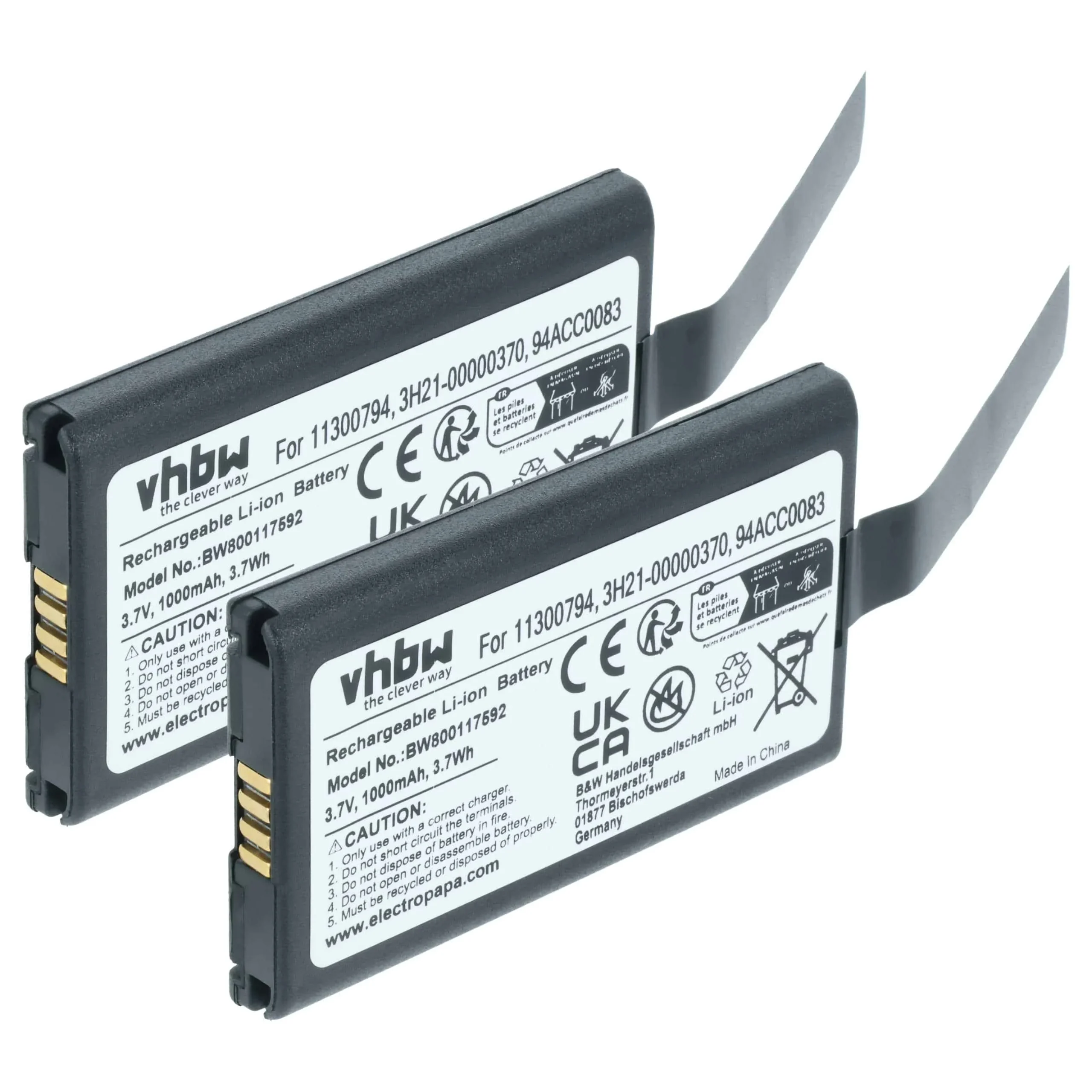 2x Batteries remplace Datalogic 11300794, 3H21-00000370 pour scanner de code-barre Datalogic - 1000mAh 3,7V
