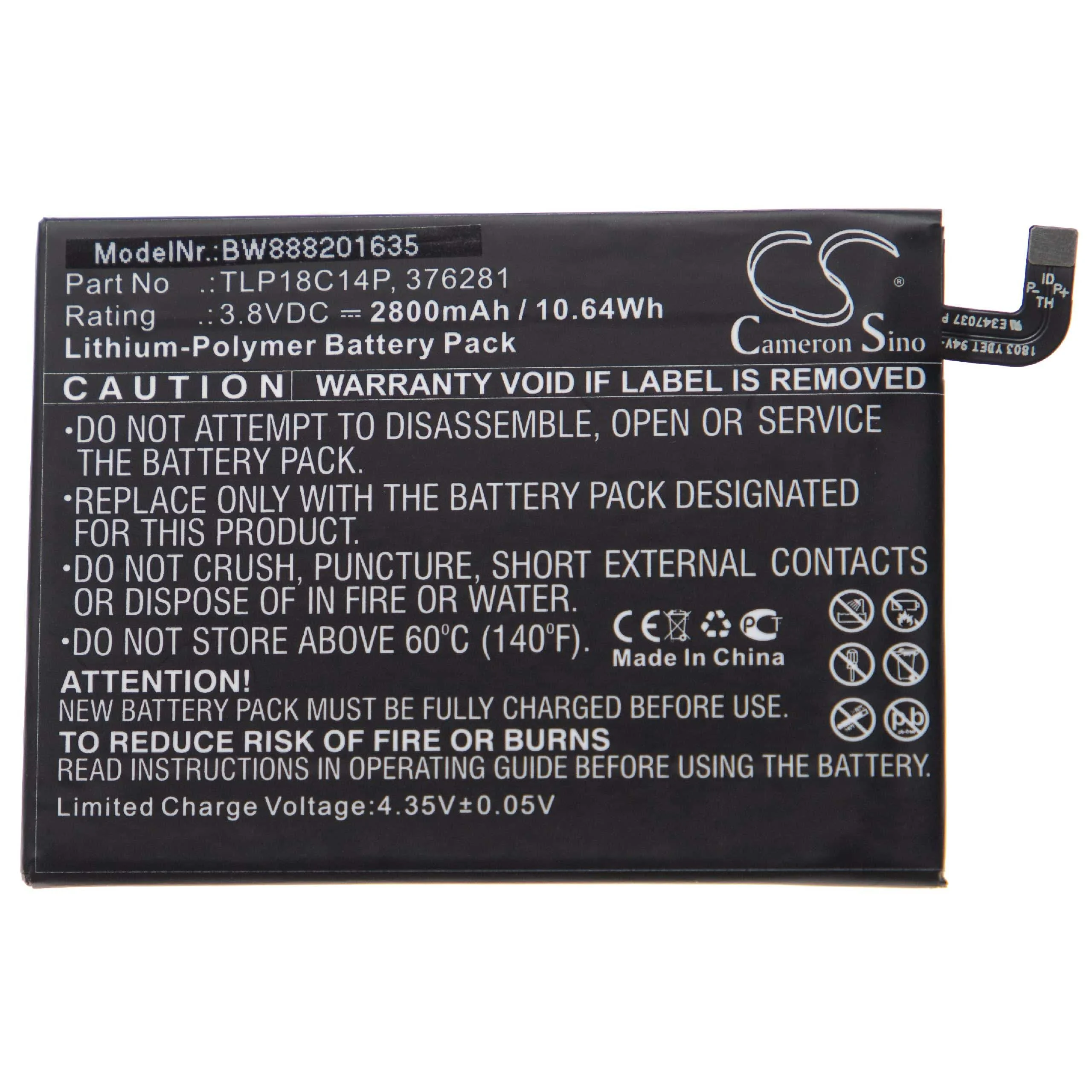 Batterie remplace Wiko 376281, TLP18C14P téléphone portable Wiko - 2800mAh 3,8V Li-polymère