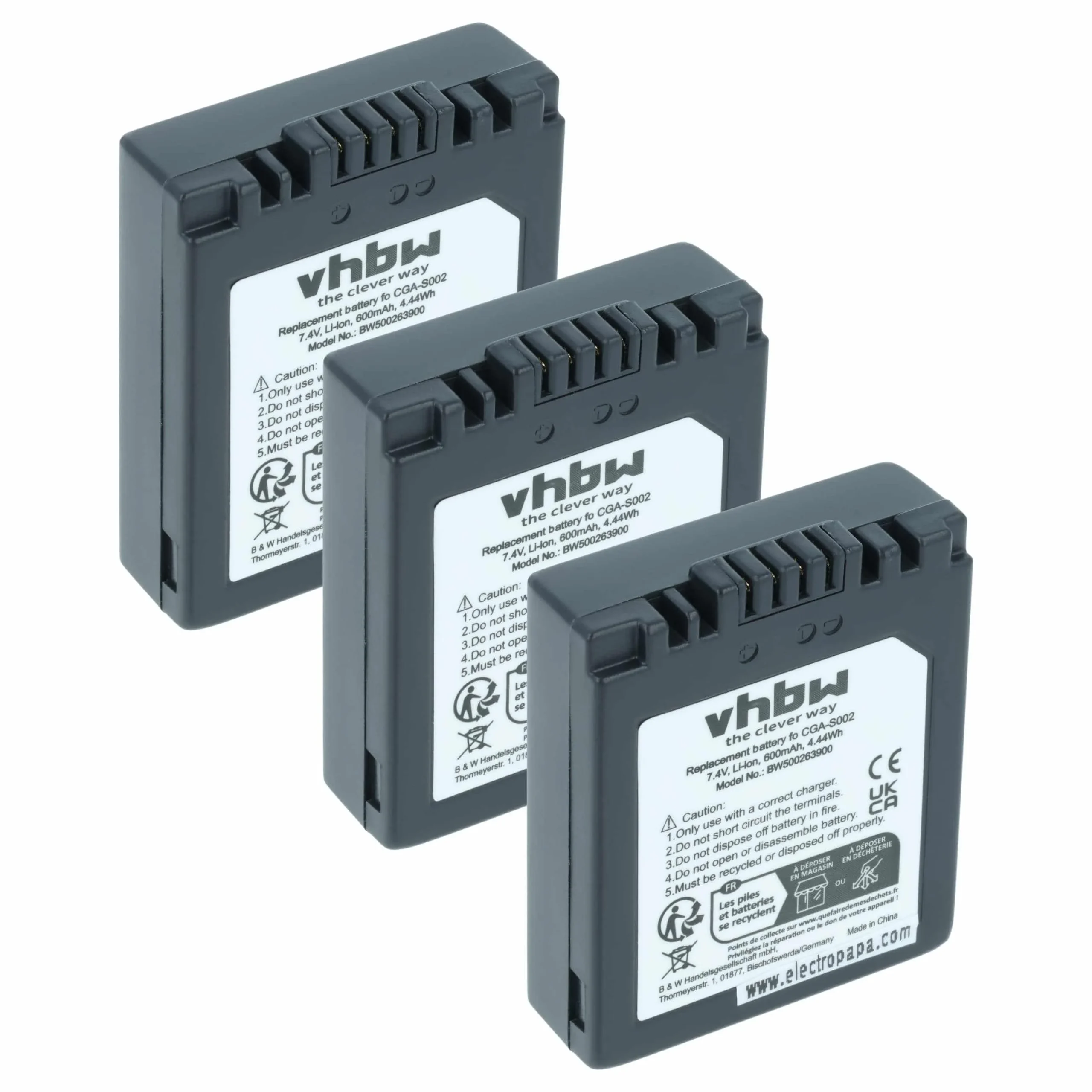 3x Batteries remplace Panasonic CGA-S002, CGA-S001HH pour appareil photo Panasonic- 550mAh 7,2V Li-ion