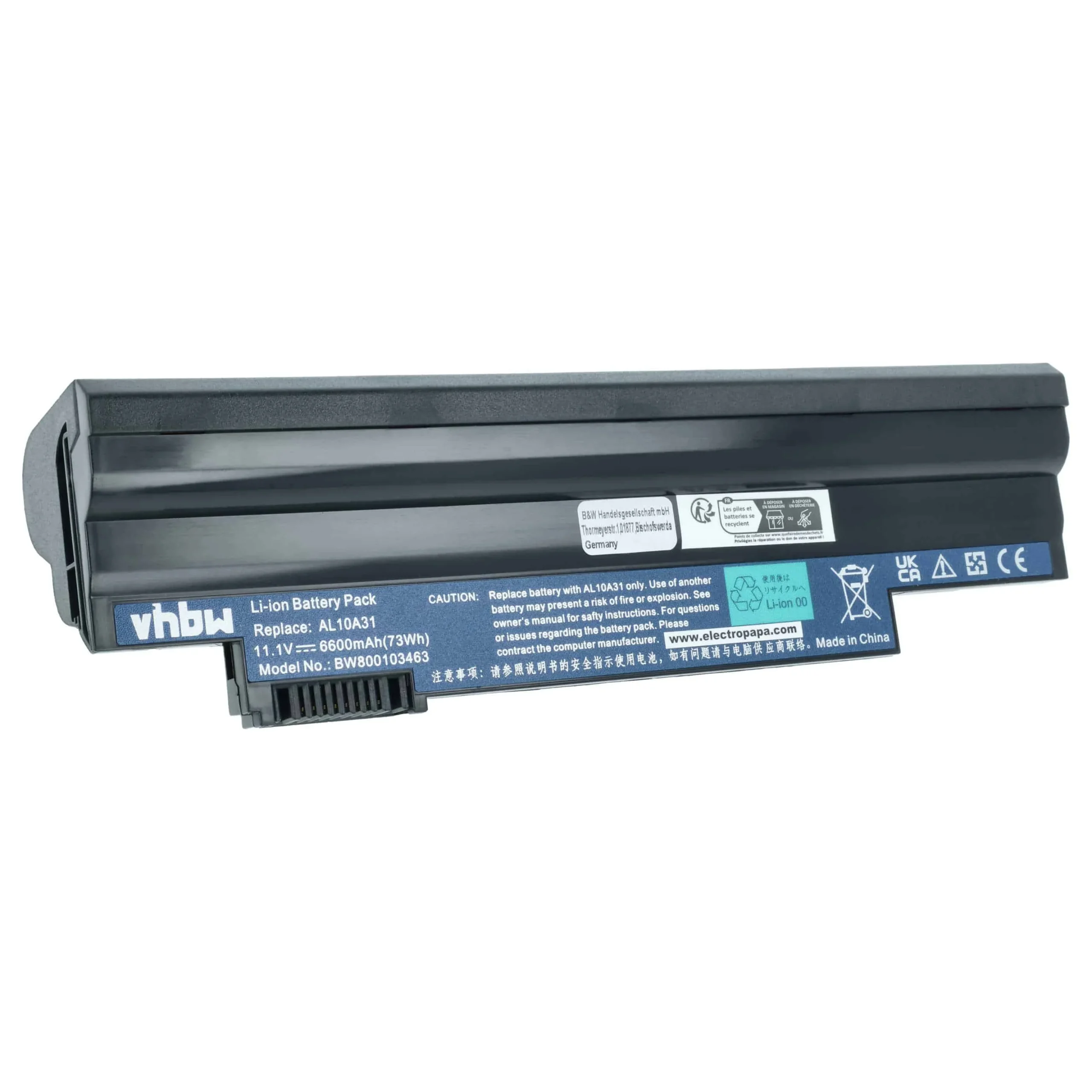 Batterie pour ordinateur portable Acer Aspire One D255, D257, D260, D270- 6600mAh 11,1V Li-ion, noir
