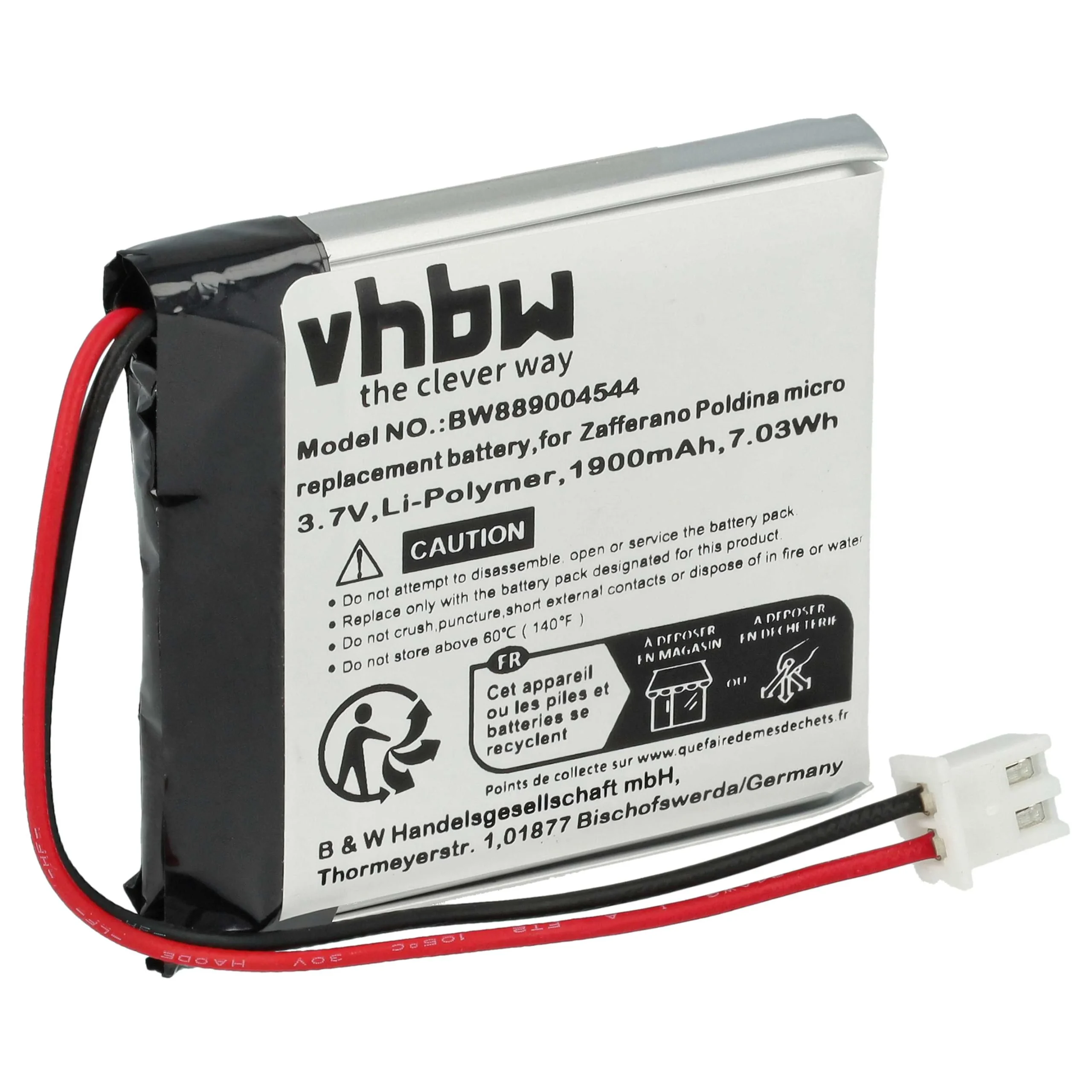 Batterie remplace Zafferano BAT04704004001000 Zafferano - 1900mAh 3,7V Li-polymère
