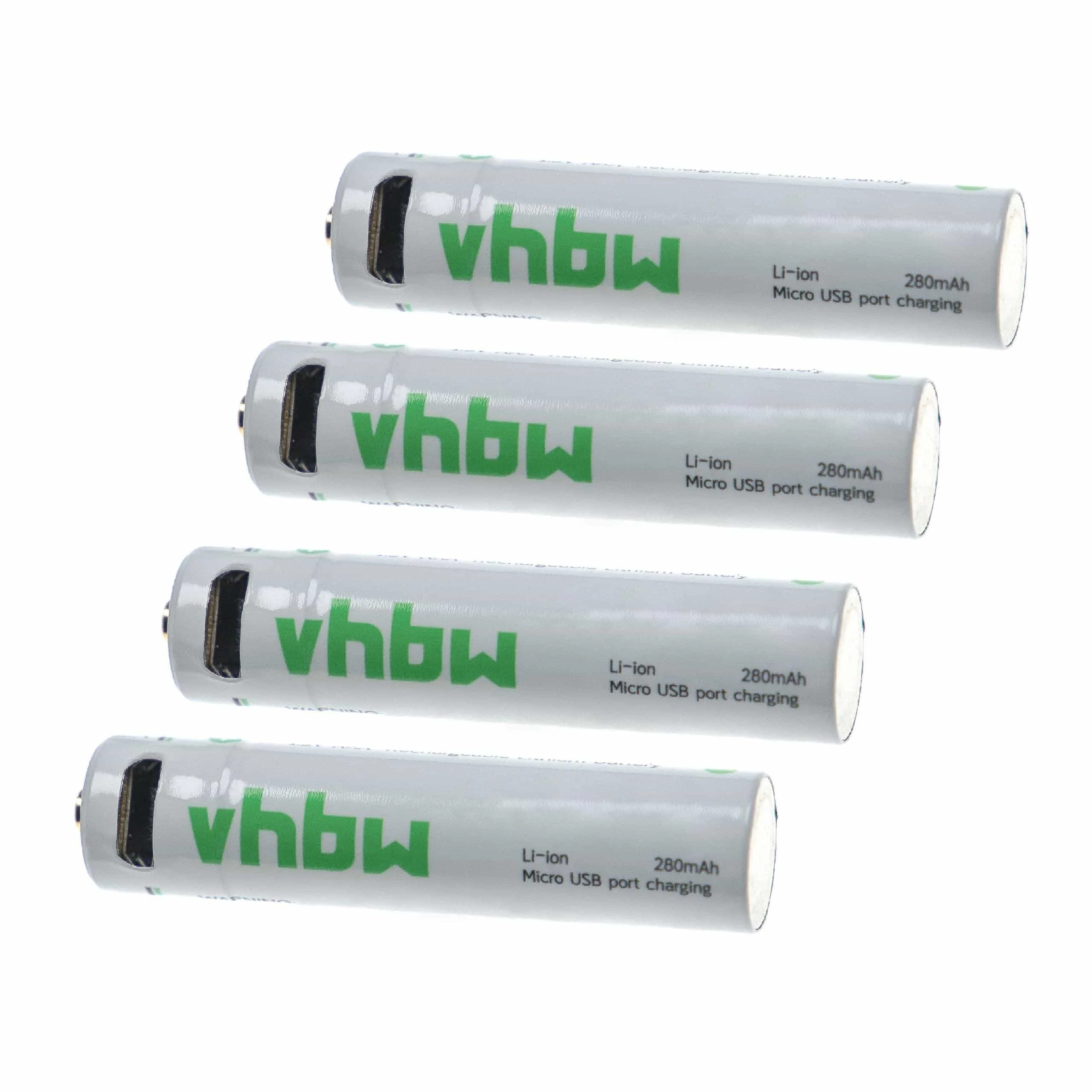 vhbw 4x Piles rechargeables AAA micro - Avec prise micro-USB, 280 mAh, 1,5 V, Li-ion