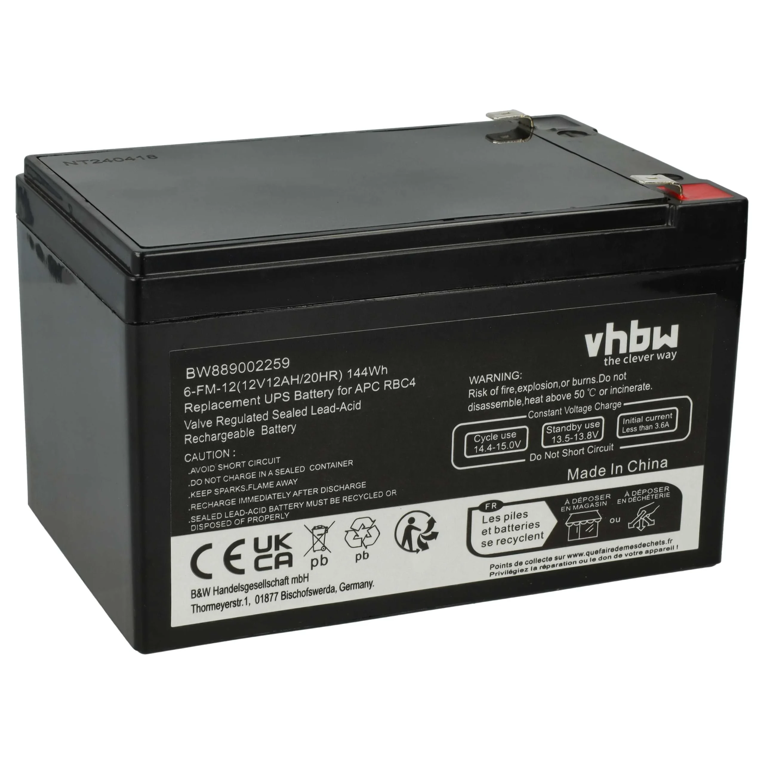 Batterie remplace APC RBC4, VISRBC4 ASI - 12Ah 12V AGM