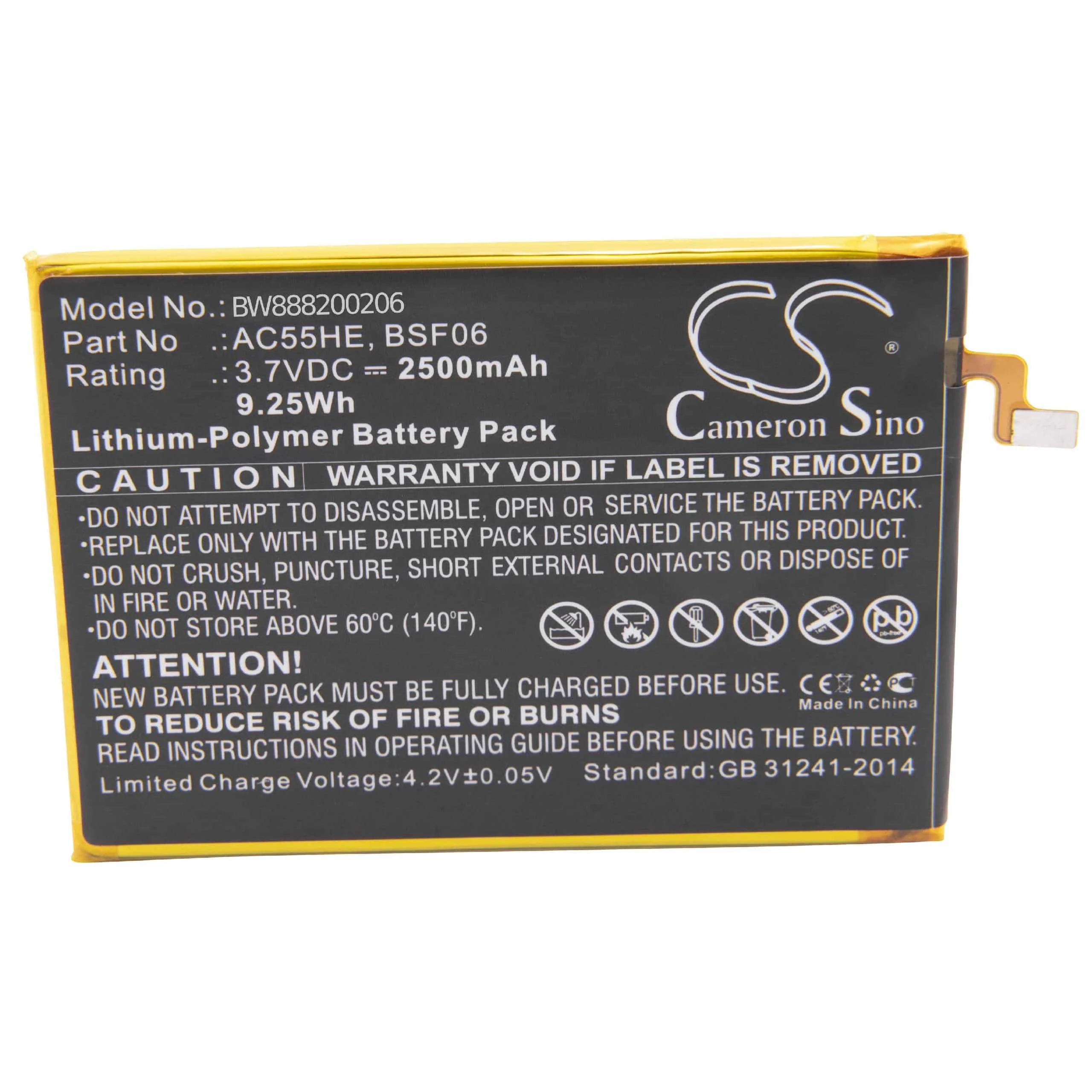 Batterie remplace Archos AC55HE, BSF06 téléphone portable Archos - 2500mAh 3,7V Li-polymère