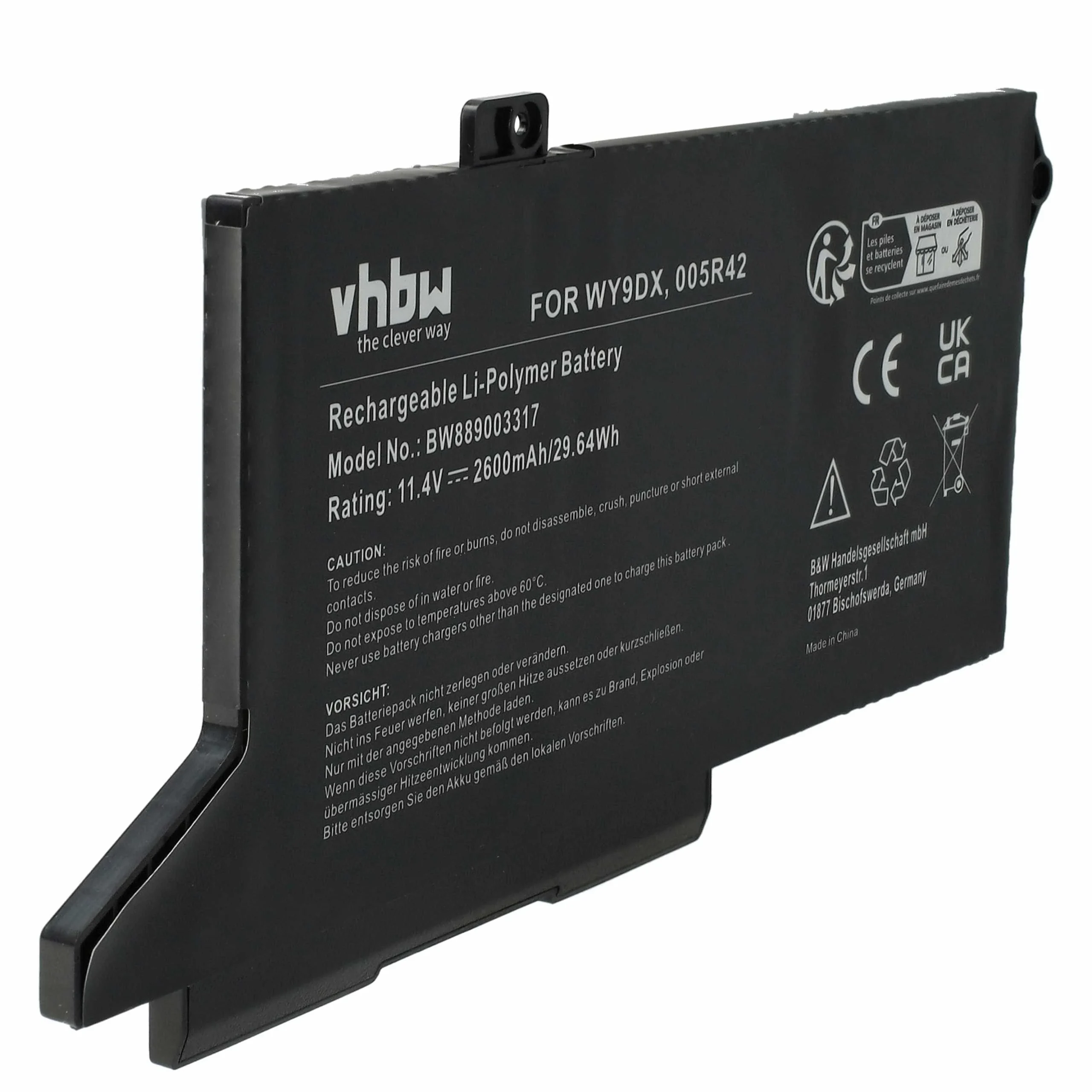 Batterie remplace Dell 005R42, WY9DX pour ordinateur portable Dell- 2600mAh 11,4V Li-polymère