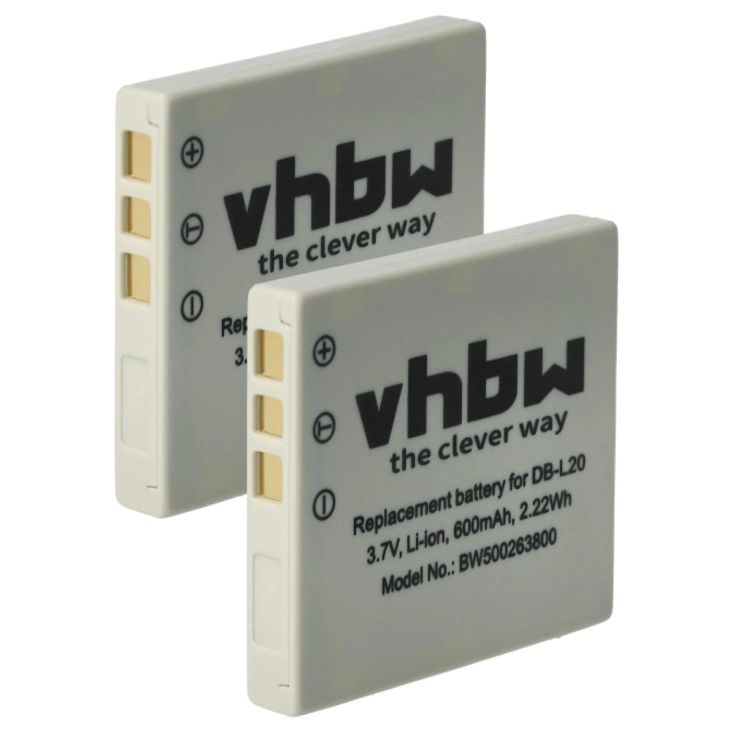 2x Batteries remplace Sanyo DB-L20, DB-L20A, DB-L20AEX pour appareil photo Sanyo- 600mAh 3,7V Li-ion