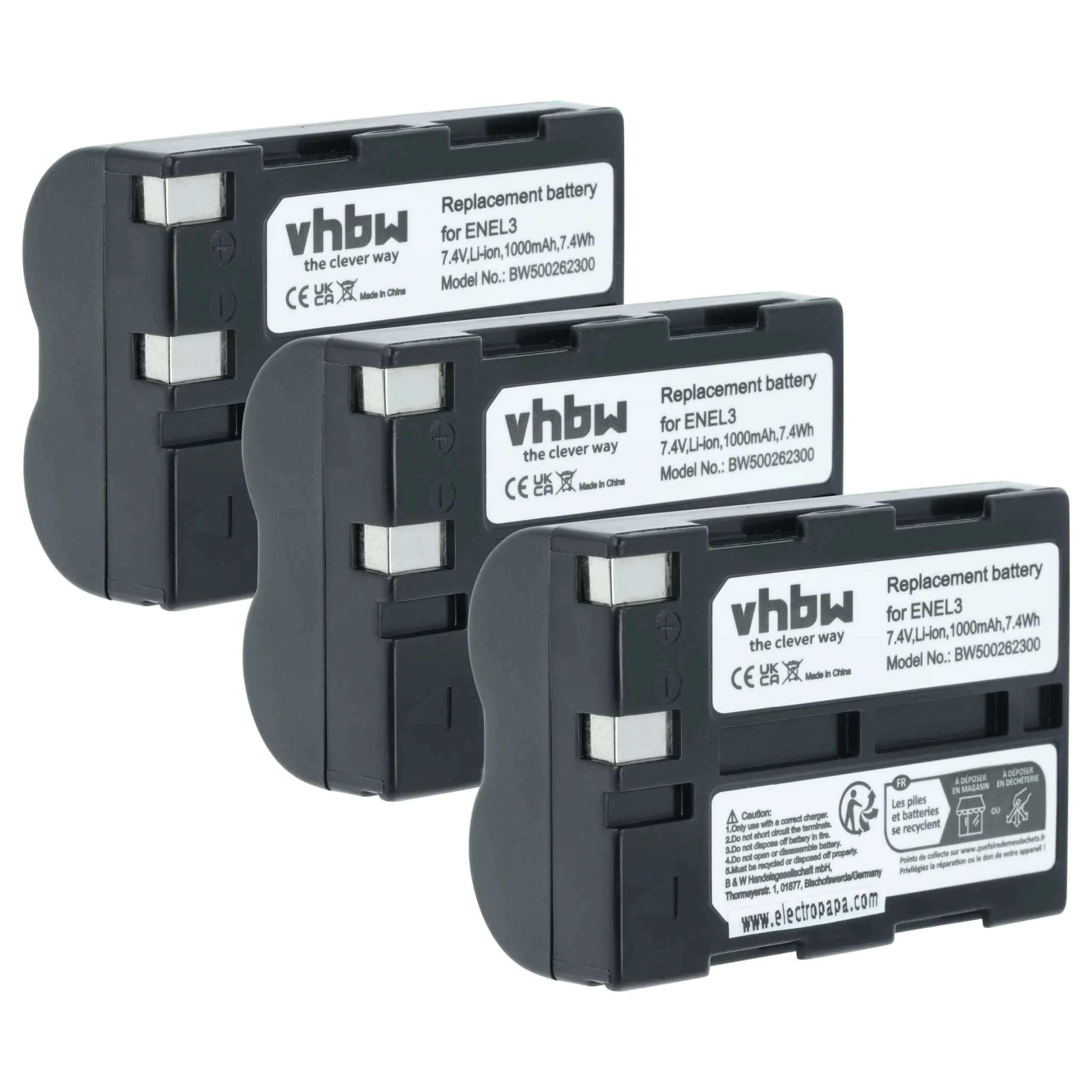 3x Batteries remplace Nikon EN-EL3, EN-EL3a pour appareil photo Nikon- 1000mAh 7,2V Li-ion