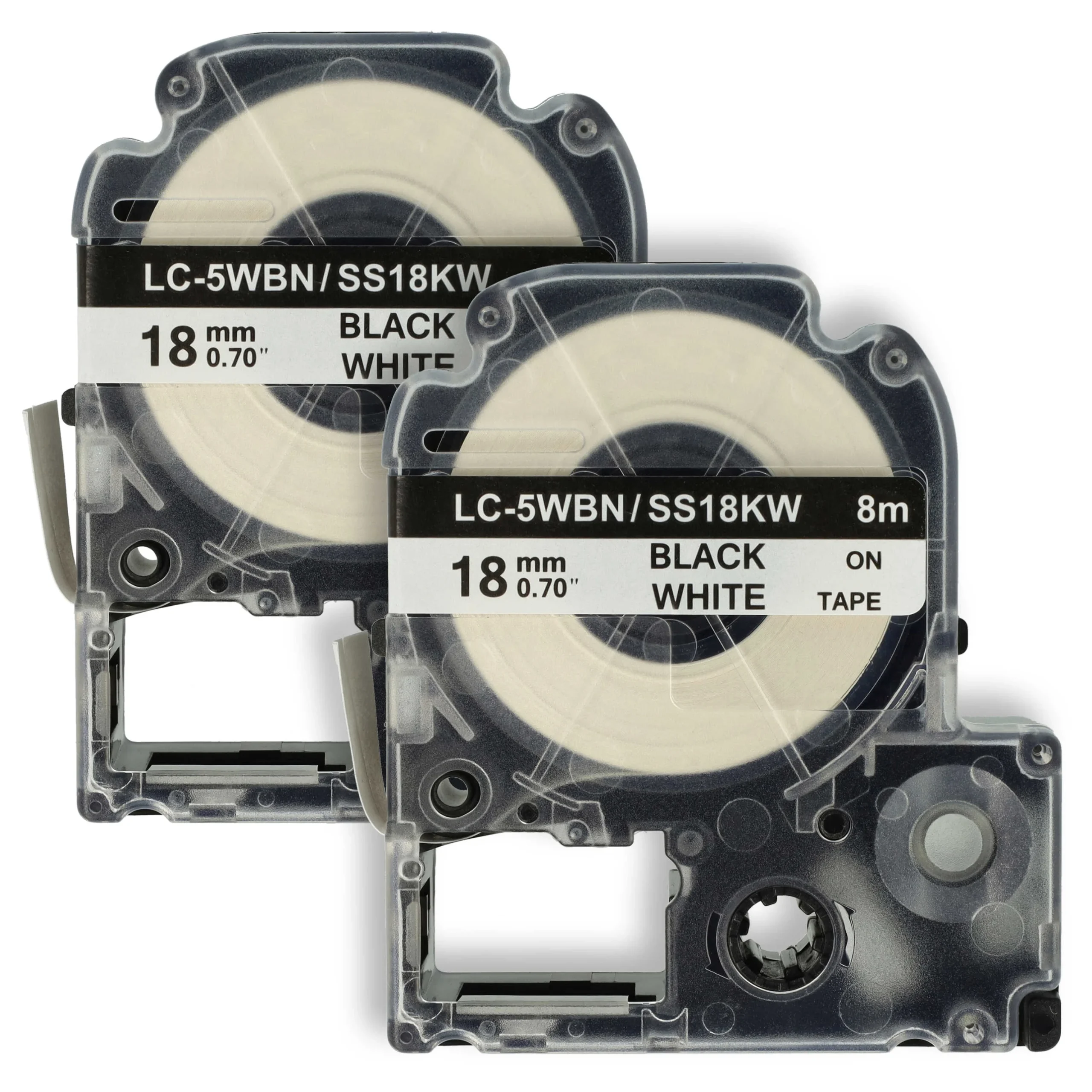 2x Cassettes à ruban remplacent Epson SS18KW, LC-5WBN - 18mm lettrage Noir ruban Blanc, plastique