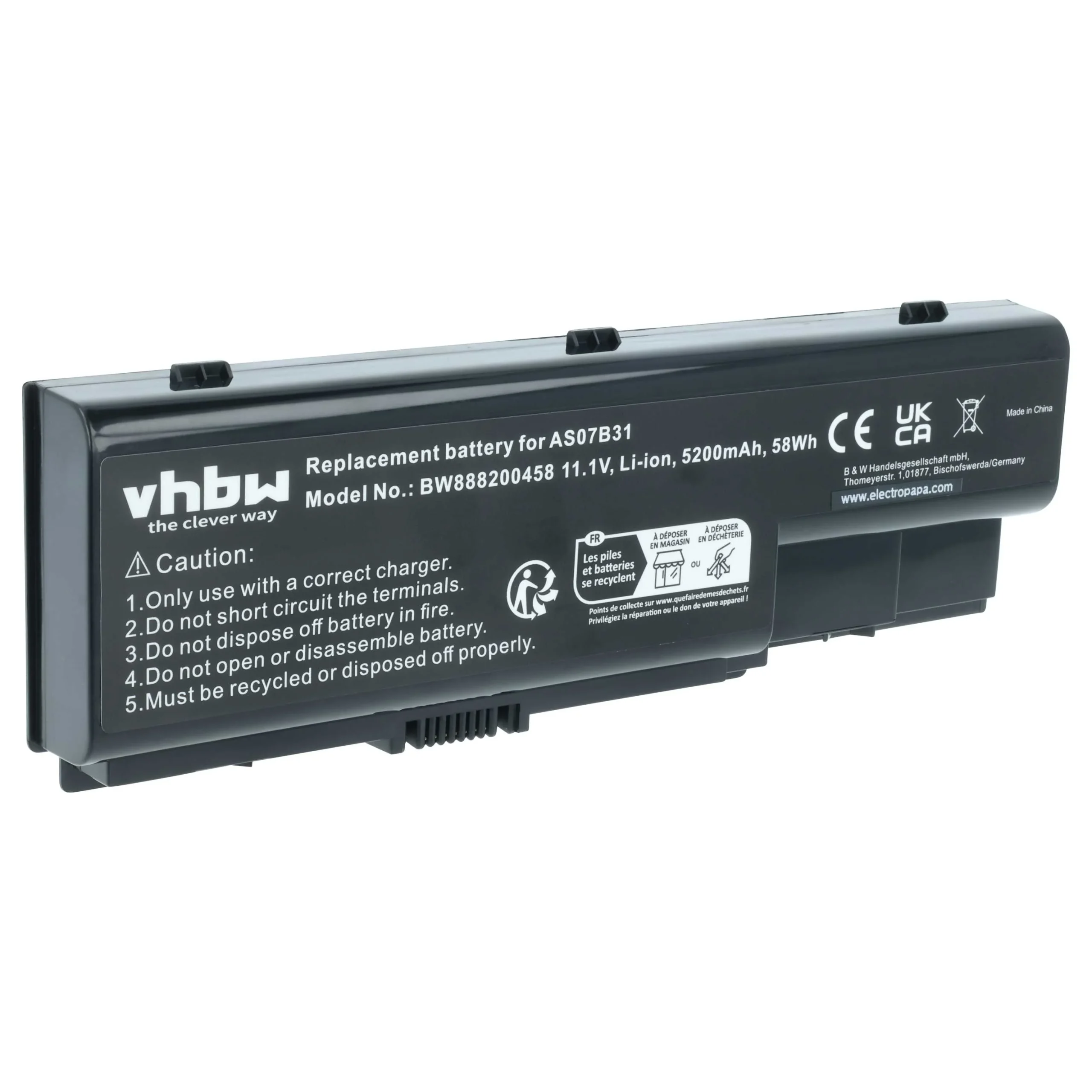 Batterie remplace Acer 01AS-2007B, AK.006BT.019 pour ordinateur portable Gateway- 5200mAh 11,1V Li-ion, noir