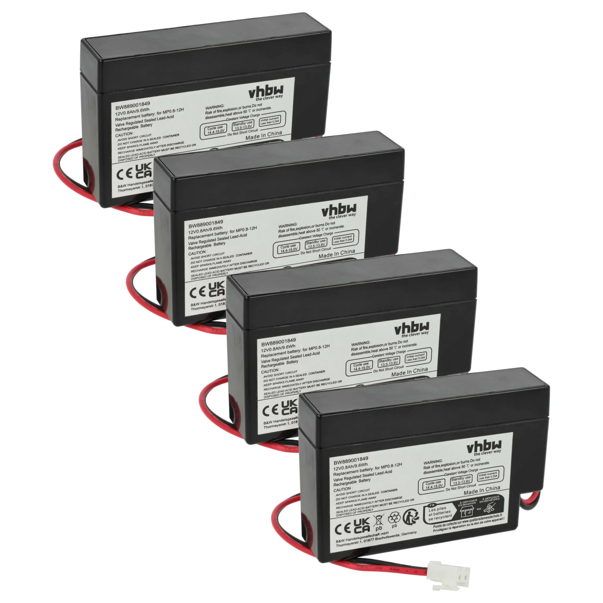 Batterie (4 pcs.) remplace MP0.8-12H divers appareils - 800mAh 12V AGM, 6x cellules, connecteur JST
