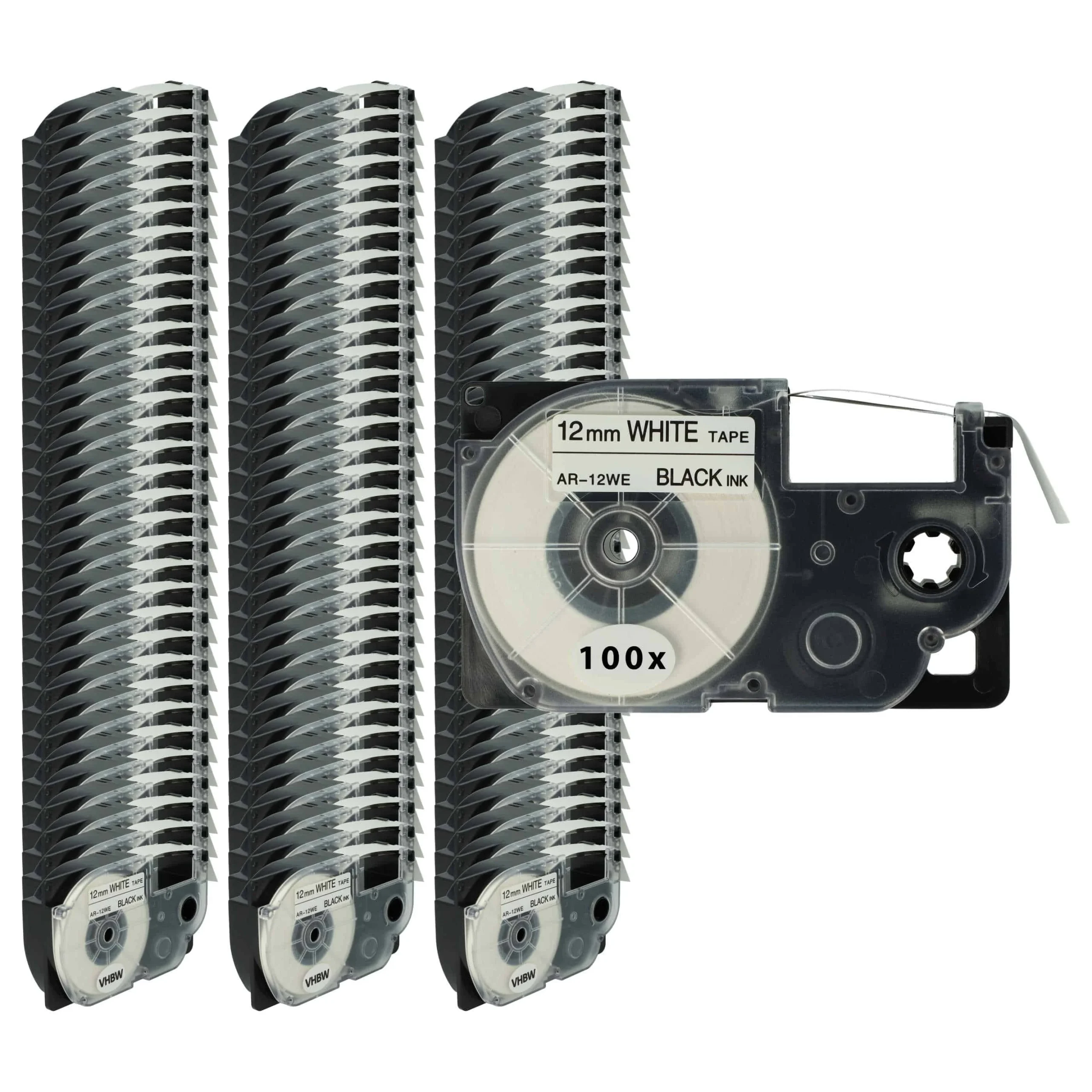 100x Cassettes à ruban remplacent Casio XR-12WE, XR-12WE1 - 12mm lettrage Noir ruban Blanc, plastique