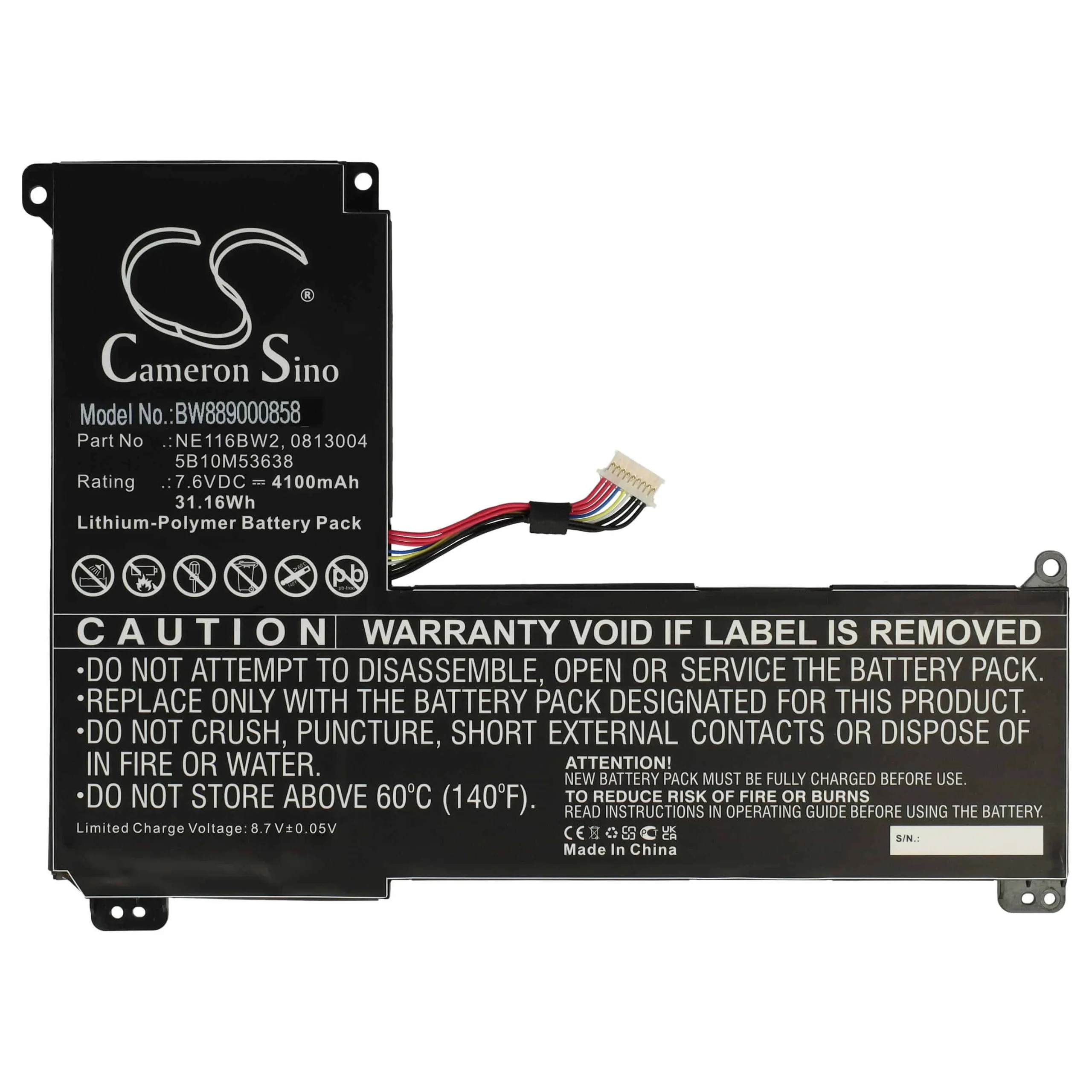 Batterie remplace Lenovo 5B10M53638, 813004 pour ordinateur portable Lenovo- 4100mAh 7,6V Li-polymère