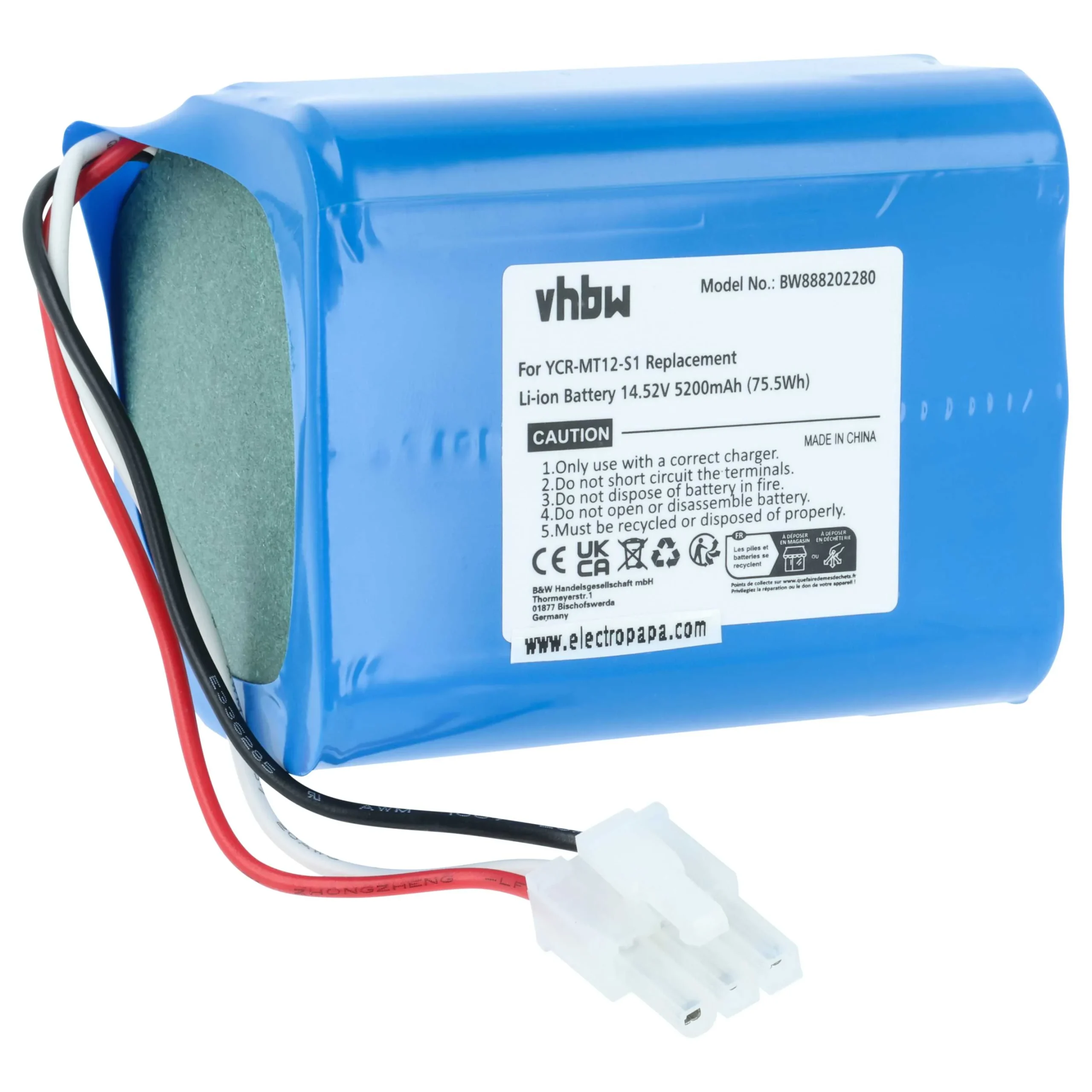 Batterie remplace iClebo YCR-MT12-S1, YCR-M07-20W pour robot aspirateur iClebo - 5200mAh 14,52V Li-ion