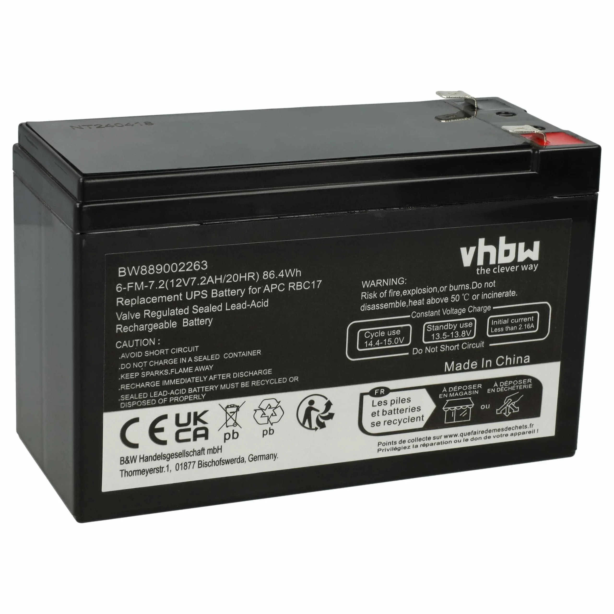 Batterie remplace APC RBC17 ASI - 7,2Ah 12V AGM