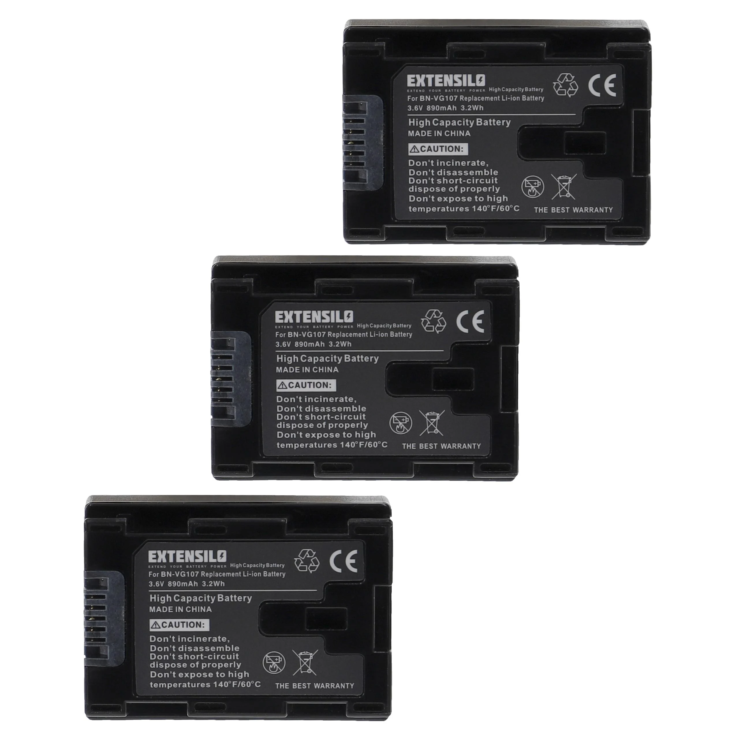 3x Batteries remplace JVC BN-VG107E, BN-VG107U, BN-VG107 pour appareil photo JVC- 890mAh 3,6V Li-ion