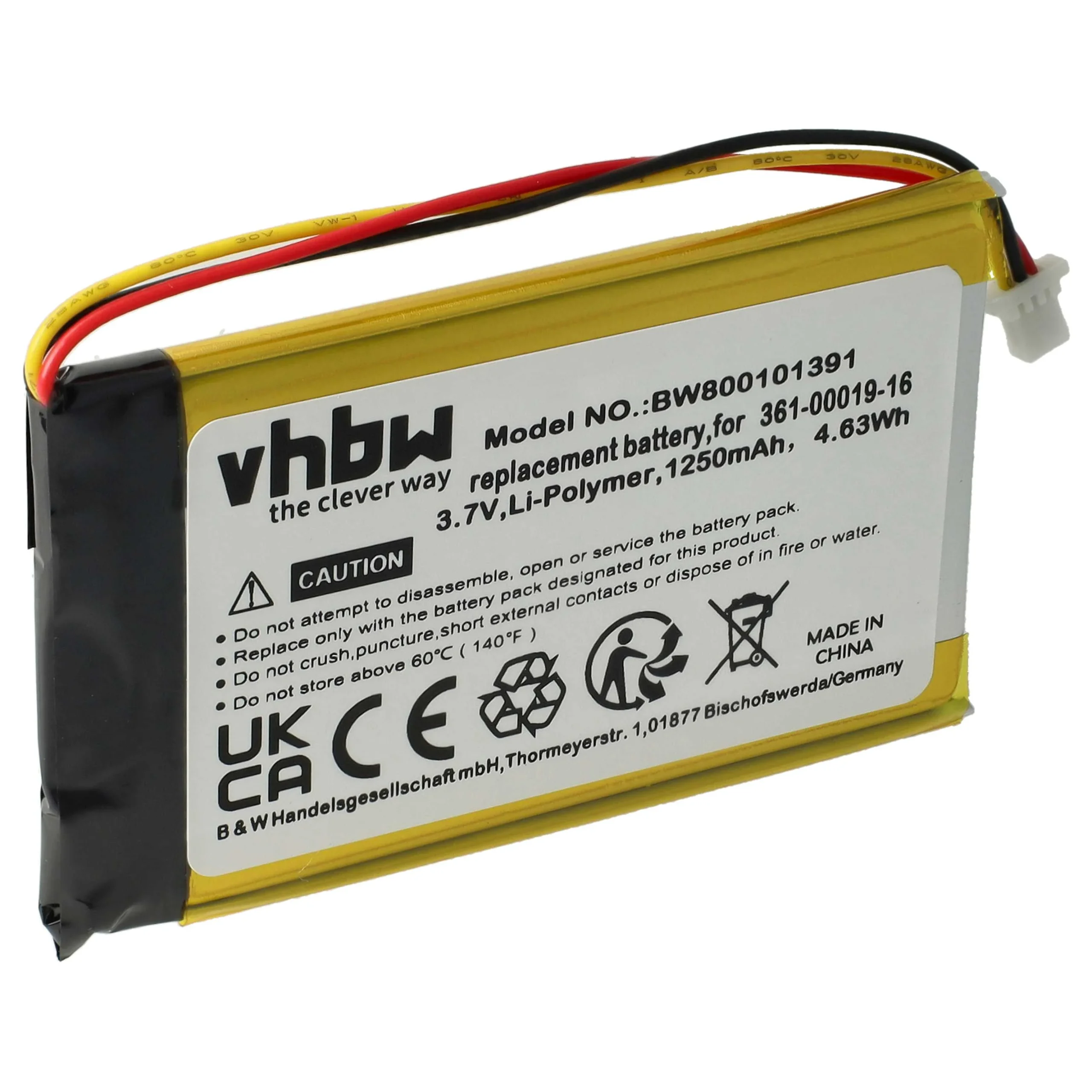 Batterie remplace Garmin 361-00019-12, 361-00019-16 pour navigation GPS Garmin - 1250mAh 3,7V Li-polymère