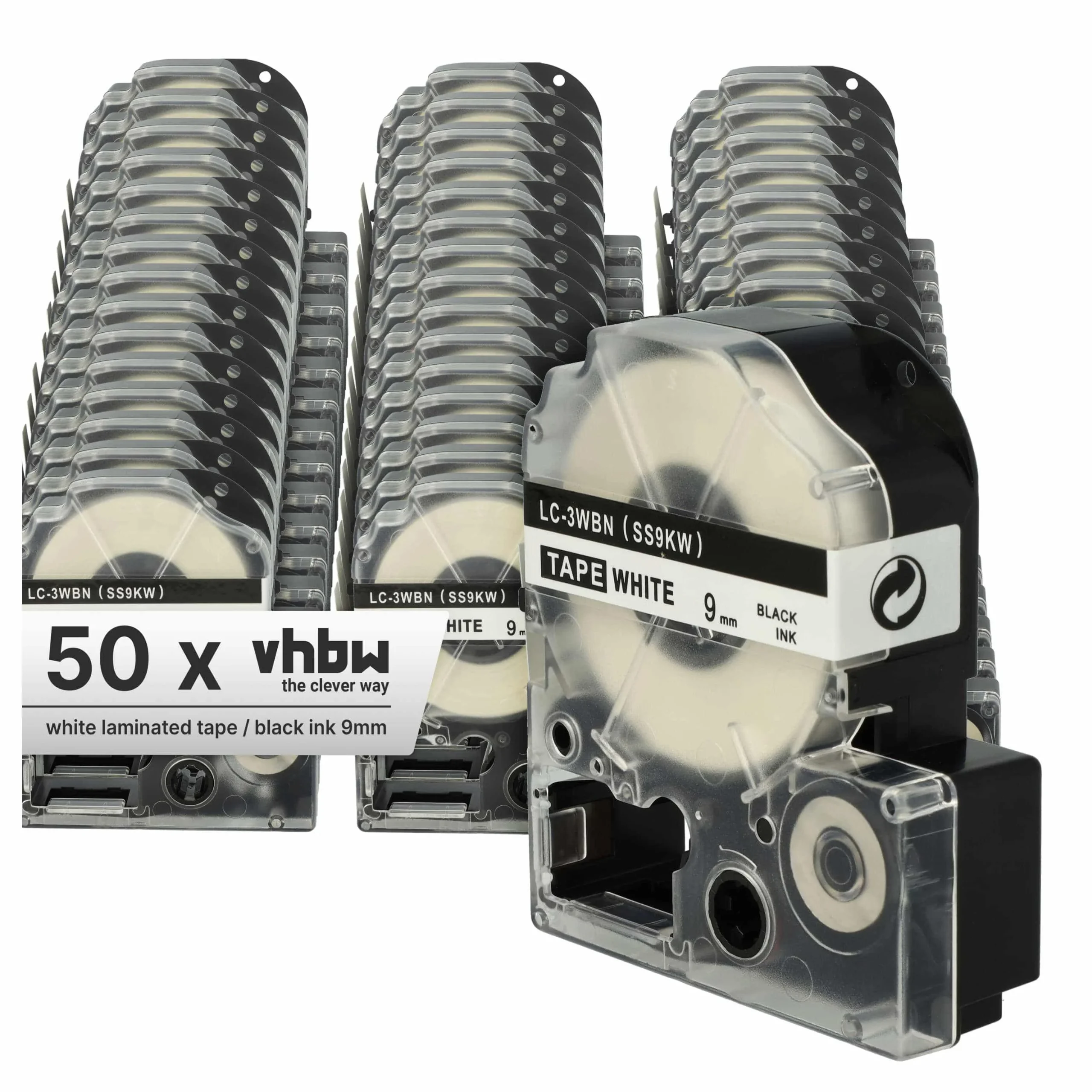 50x Cassettes à ruban remplacent Epson LC-3WBN - 9mm lettrage Noir ruban Blanc, plastique
