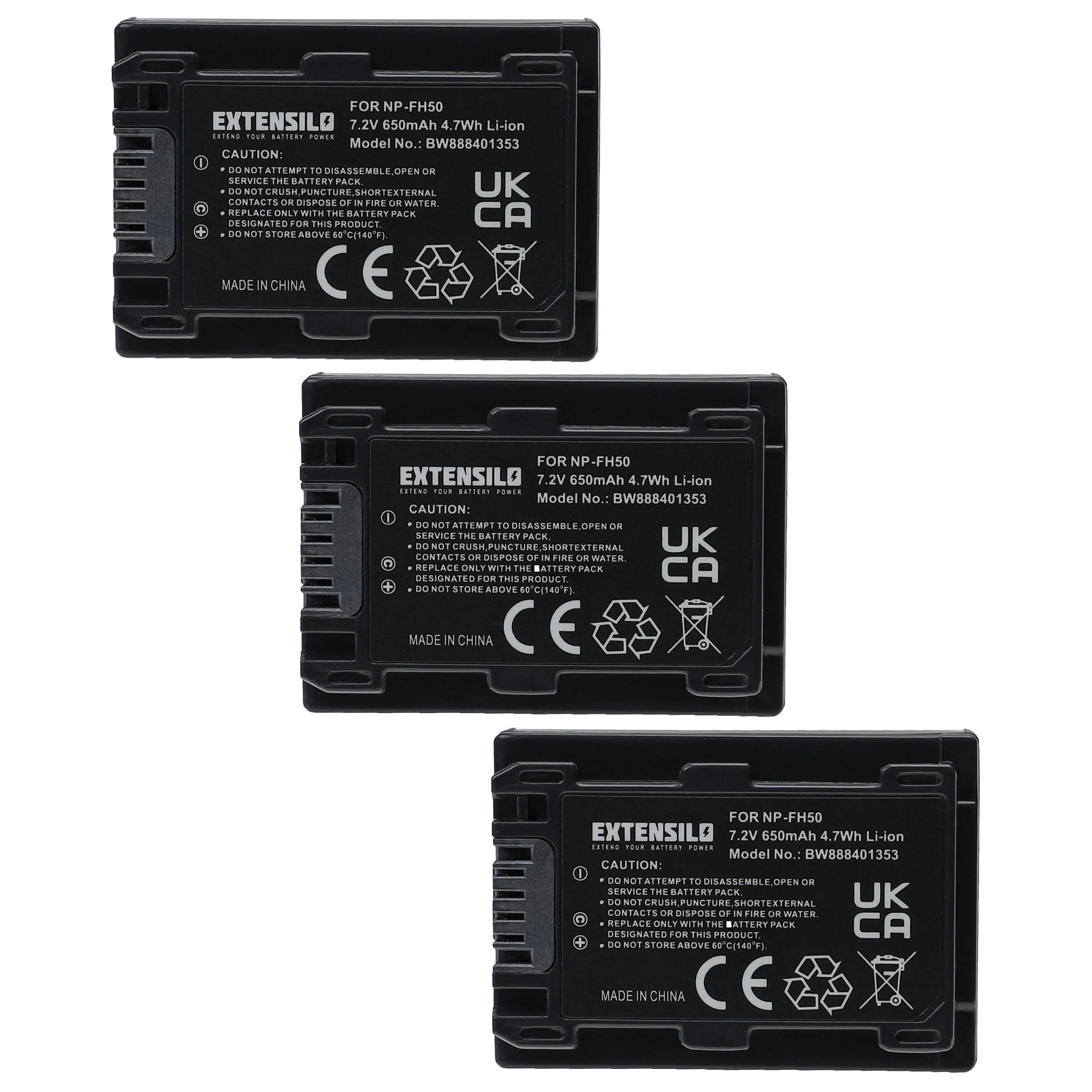 3x Batteries remplace Sony NP-FH70, NP-FH40, NP-FH100, NP-FH50 pour appareil photo Sony- 650mAh 7,2V Li-ion