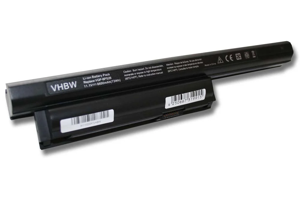 Batterie remplace Sony VGP-BPS26, VGP-BPL26 pour ordinateur portable Sony- 6600mAh 10,8V Li-ion, noir