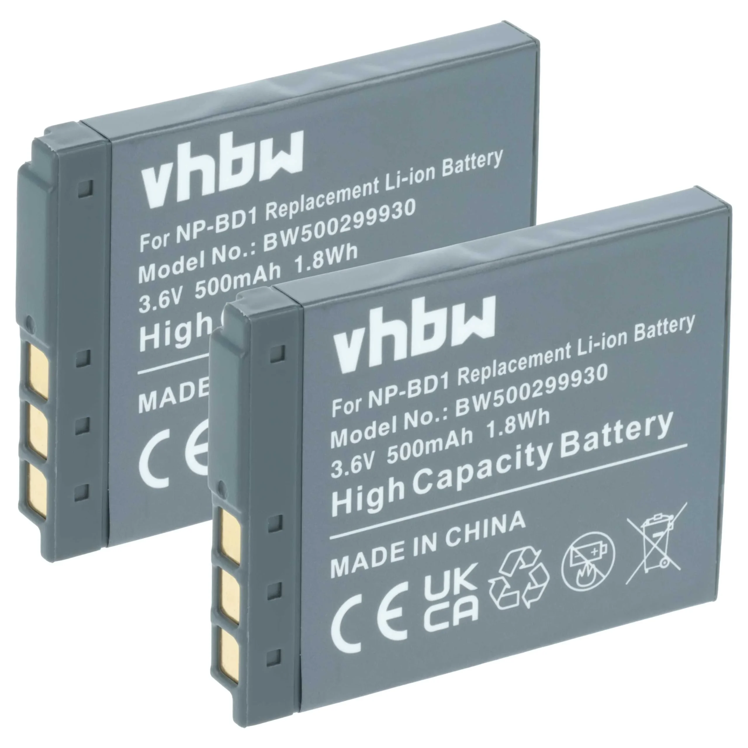 2x Batteries remplace Sony NP-FD1, NP-BD1 pour appareil photo Sony- 500mAh 3,6V Li-ion