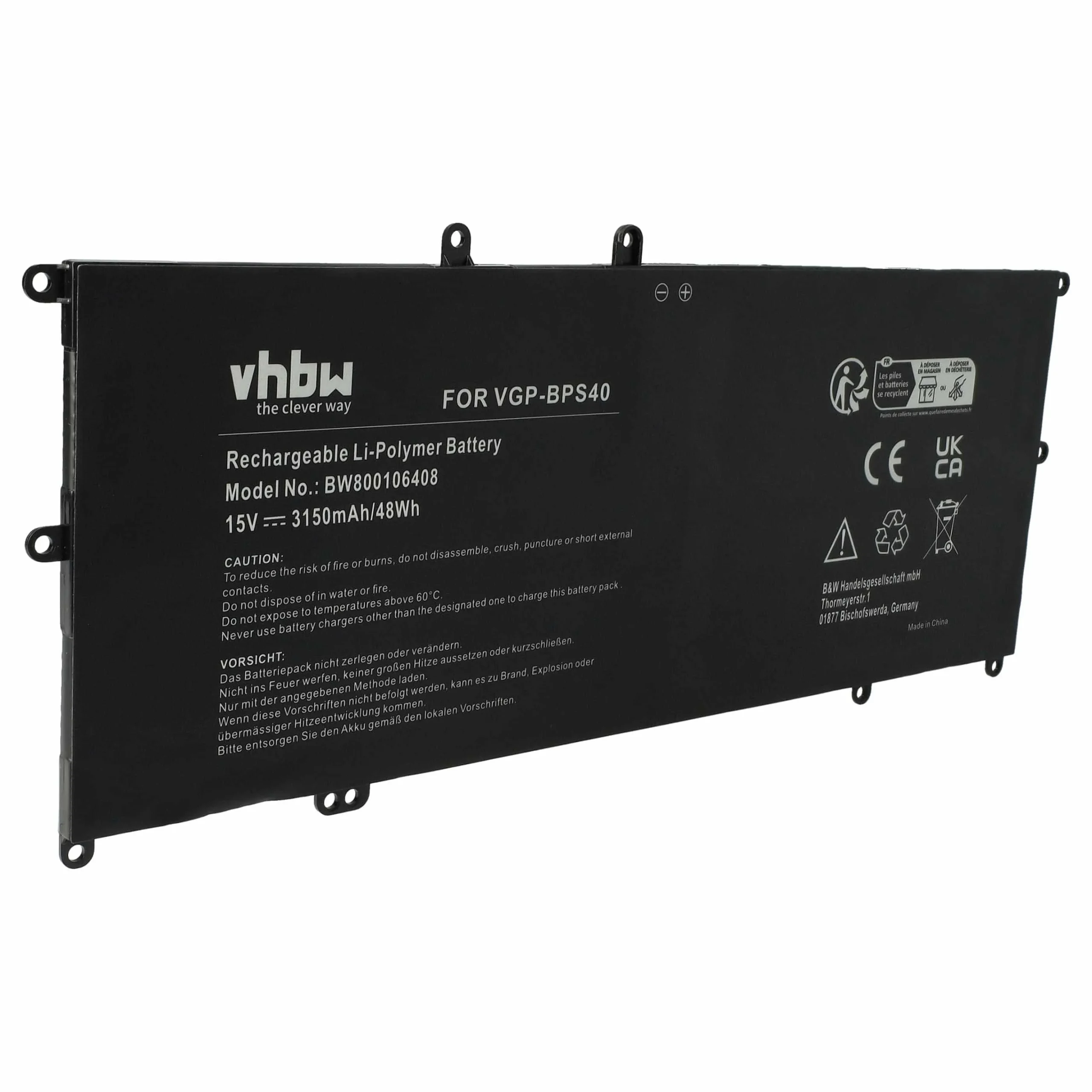 Batterie remplace Sony VGP-BPS40 pour ordinateur portable Sony- 3150mAh 15V Li-polymère, noir