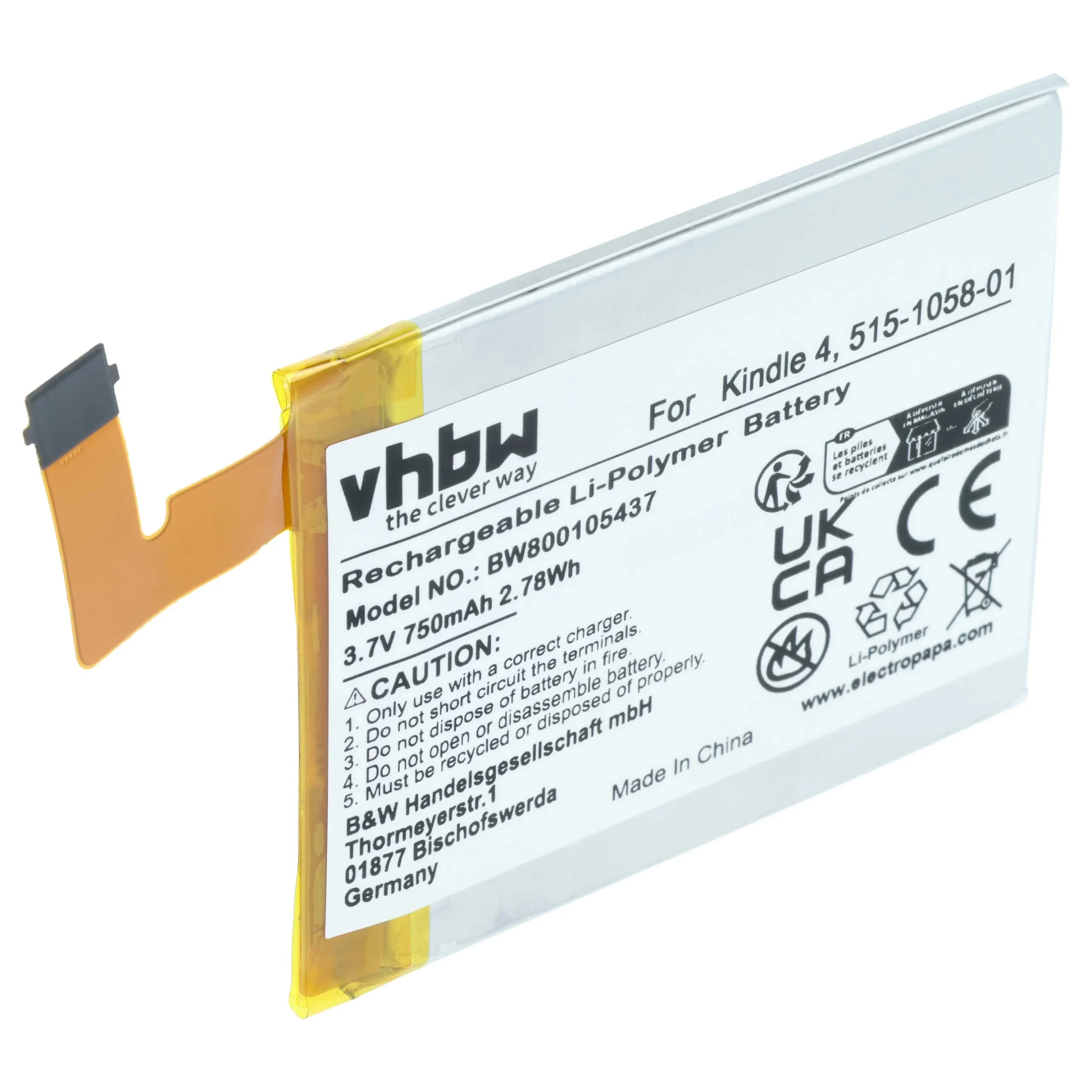 Batterie remplace Amazon 515-1058-01, M11090355152, MC-265360 liseuse ebook - 750mAh 3,7V Li-polymère