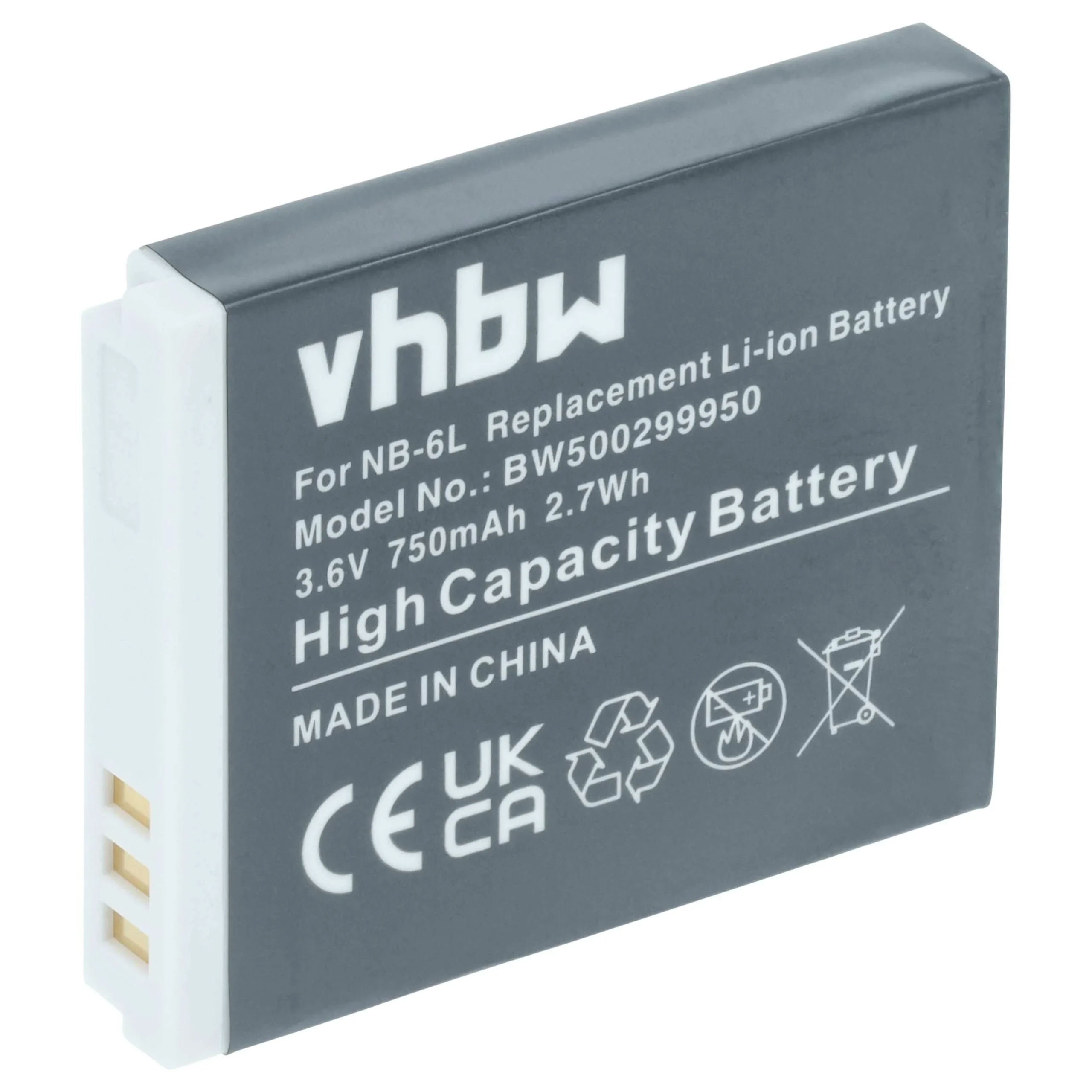 Batterie remplace Canon NB-6L, NB-6LH pour appareil photo Canon- 750mAh 3,6V Li-ion