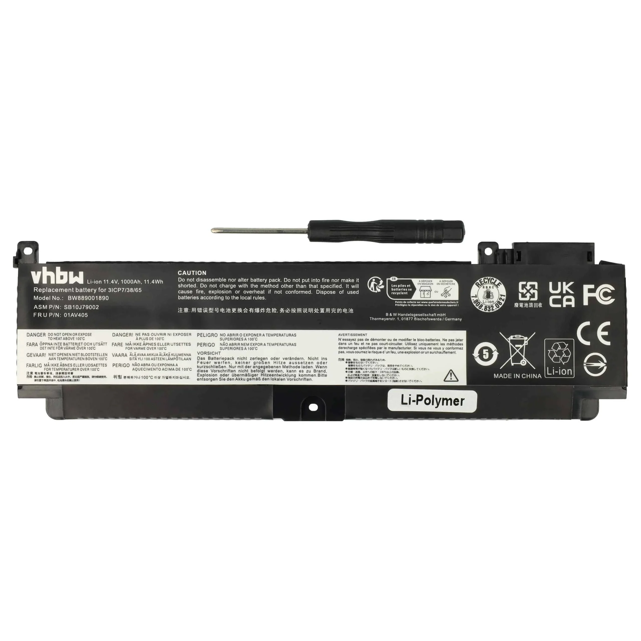 Batterie remplace Lenovo 01AV406, 01AV405 pour ordinateur portable Lenovo- 1000mAh 11,4V Li-polymère, noir