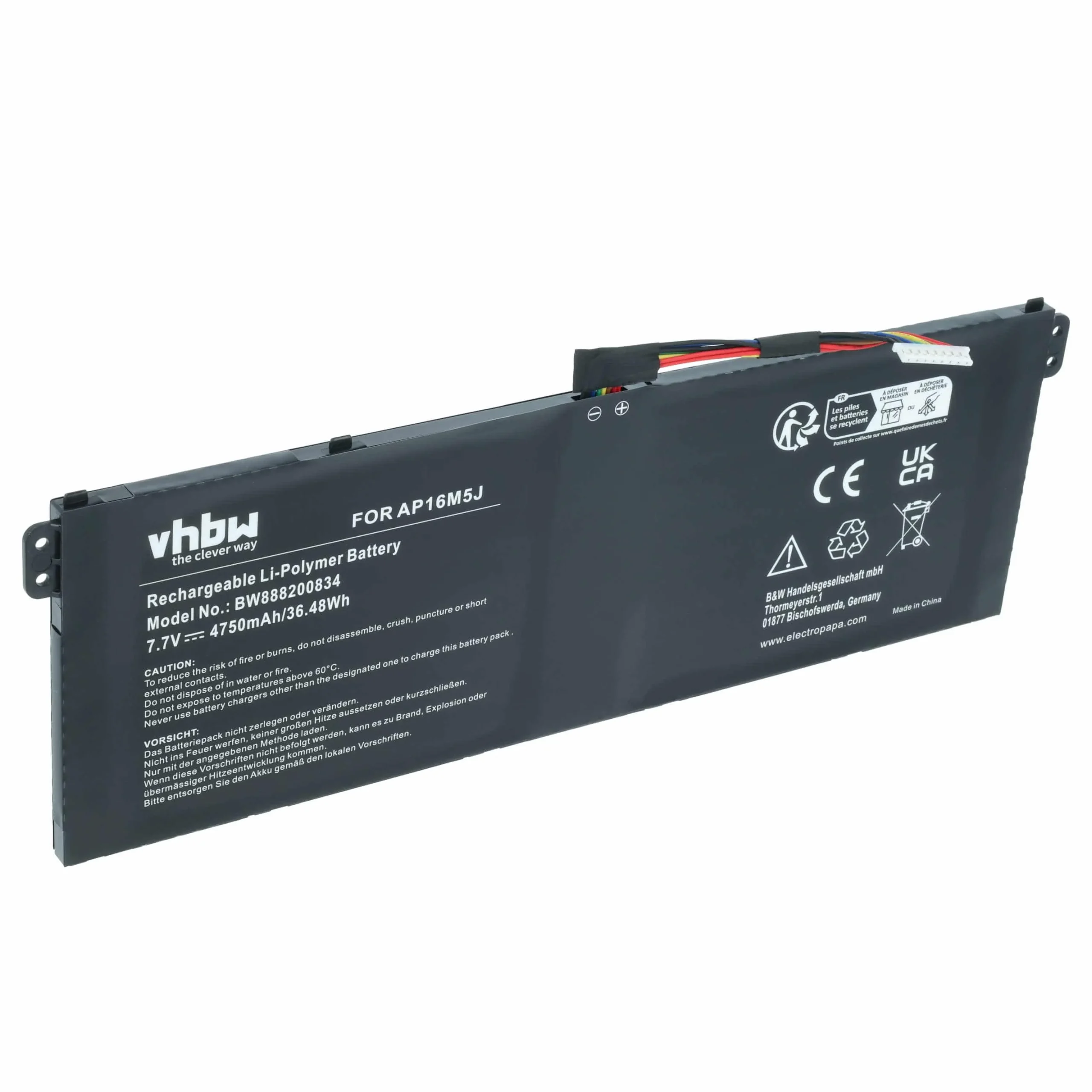 Batterie remplace Acer AP16M5J, KT.00205.004 pour ordinateur portable Acer- 4750mAh 7,7V Li-polymère, noir