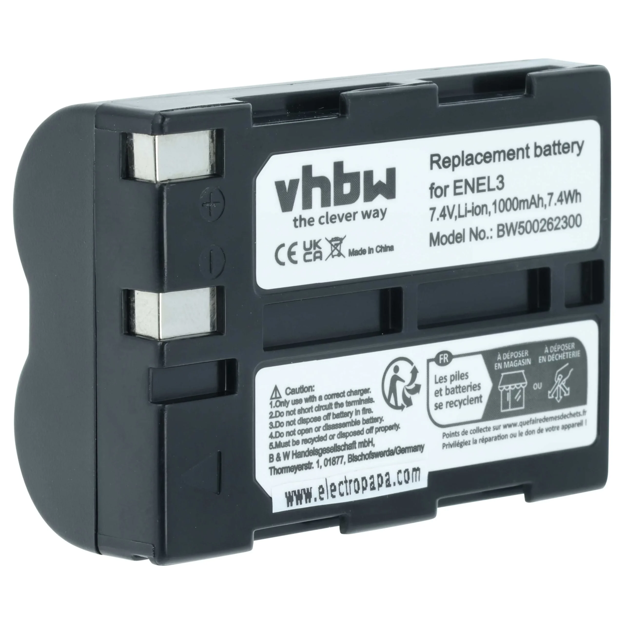 Batterie remplace Nikon EN-EL3, EN-EL3a pour appareil photo Nikon- 1000mAh 7,2V Li-ion