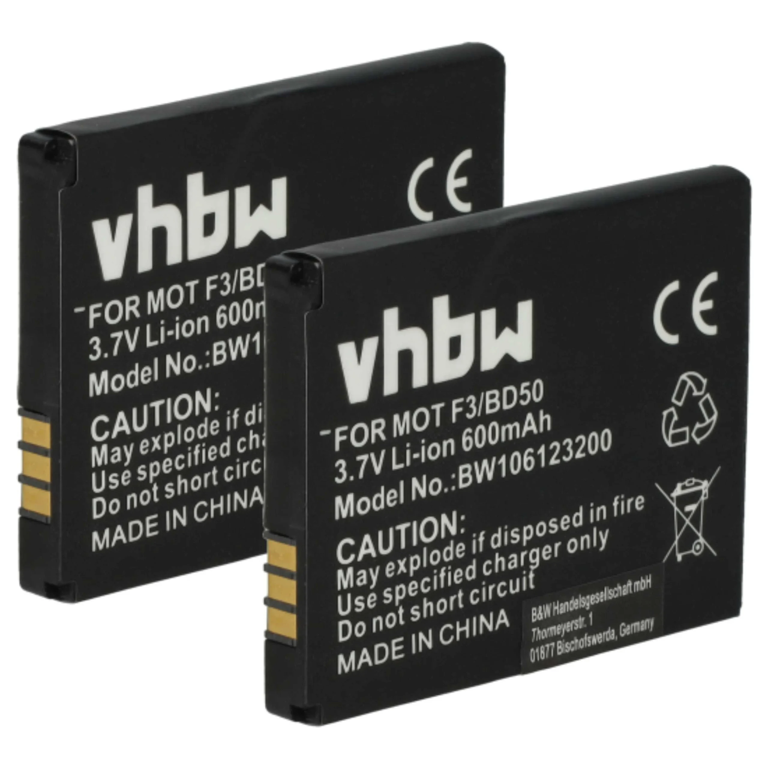 2x Batteries remplace AVM BAK130506, 312BAT006, 100402, 312BAT016 pour téléphone Motorola - 600mAh 3,7V Li-ion