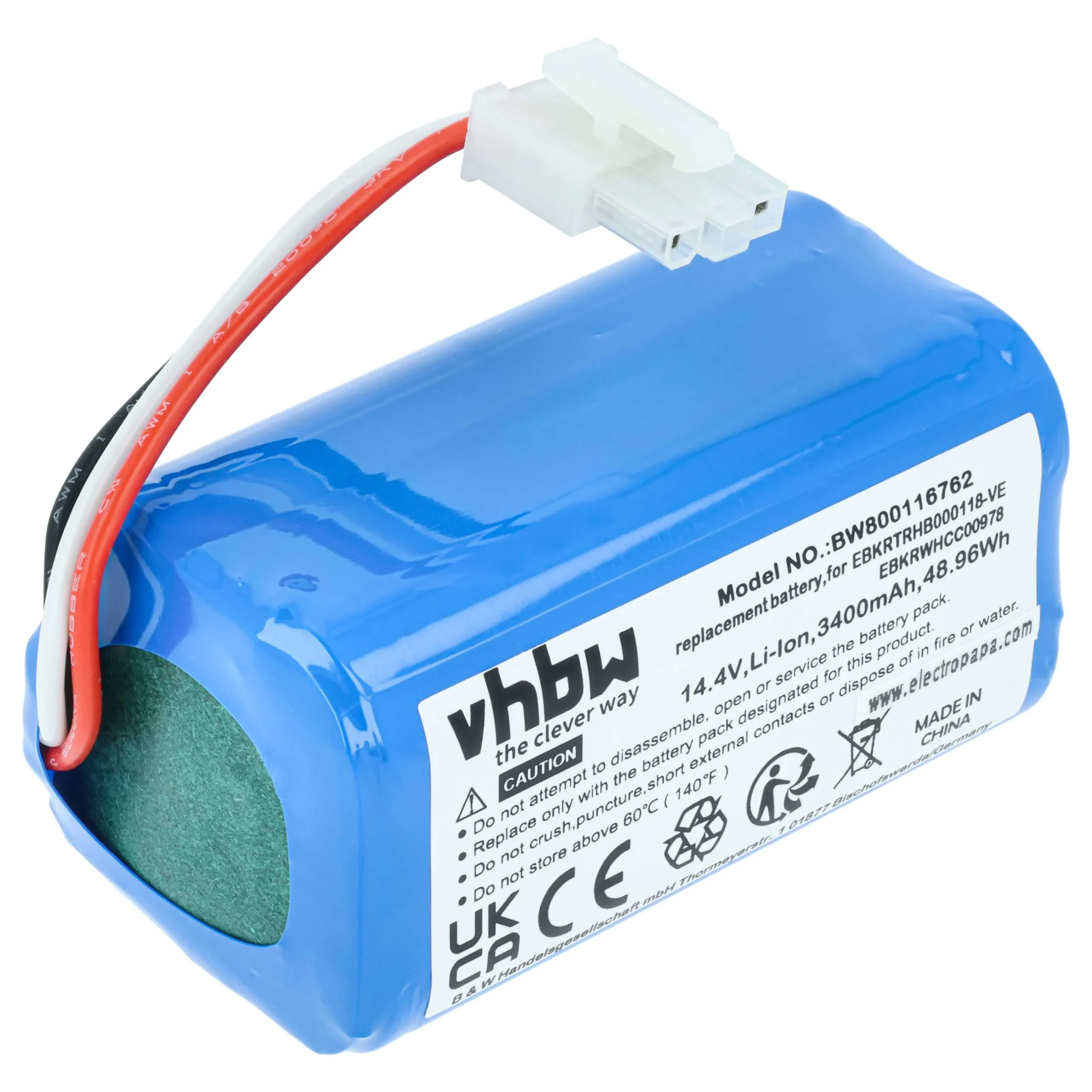 Batterie remplace iClebo EBKRTRHB000118-VE, EBKRWHCC00978 pour robot aspirateur iClebo - 3400mAh 14,4V Li-ion