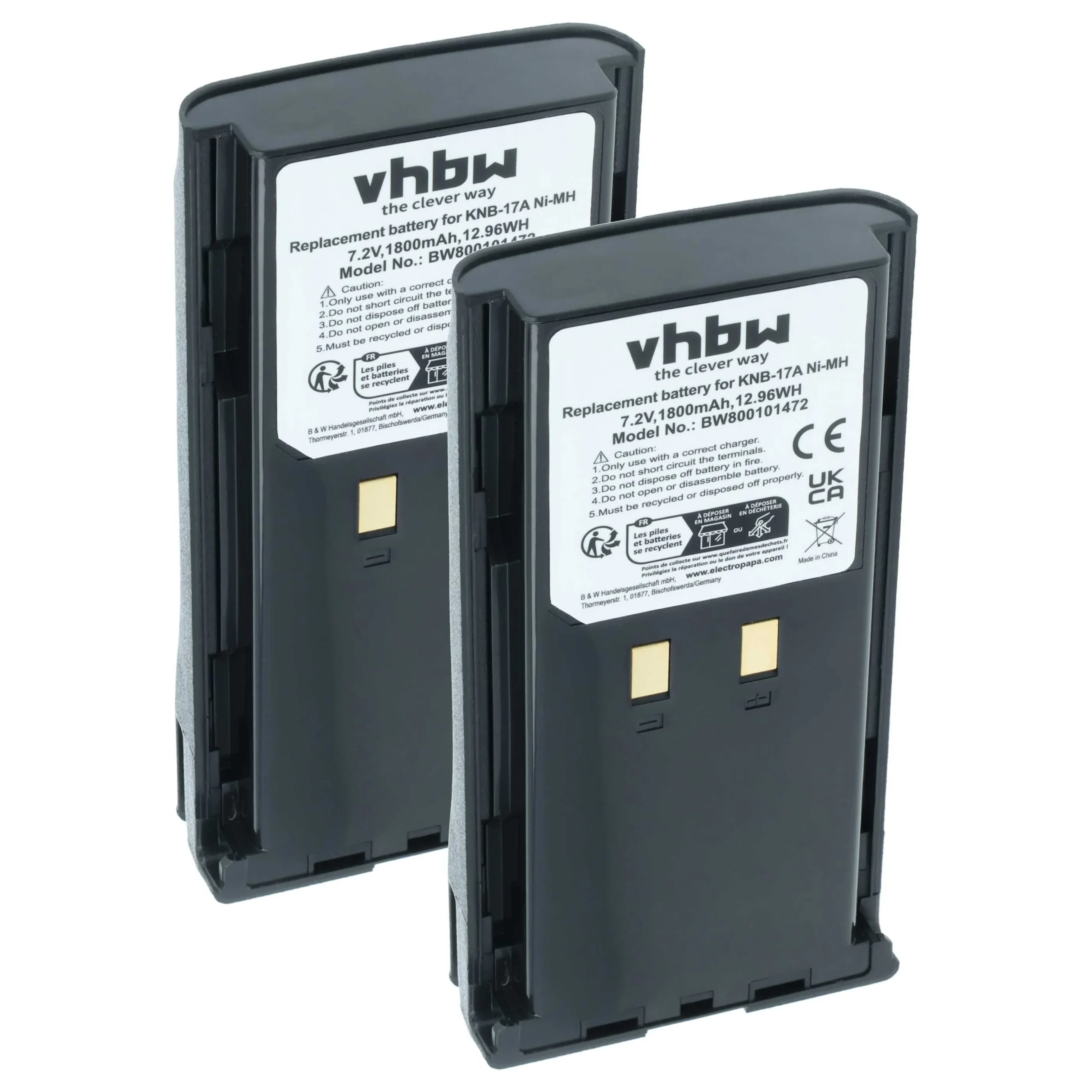 2x Batteries remplace Kenwood KNB-17N, KNB-17A, KNB-16A pour radio talkie-walkie Kenwood- 1800mAh 7,2V NiMH