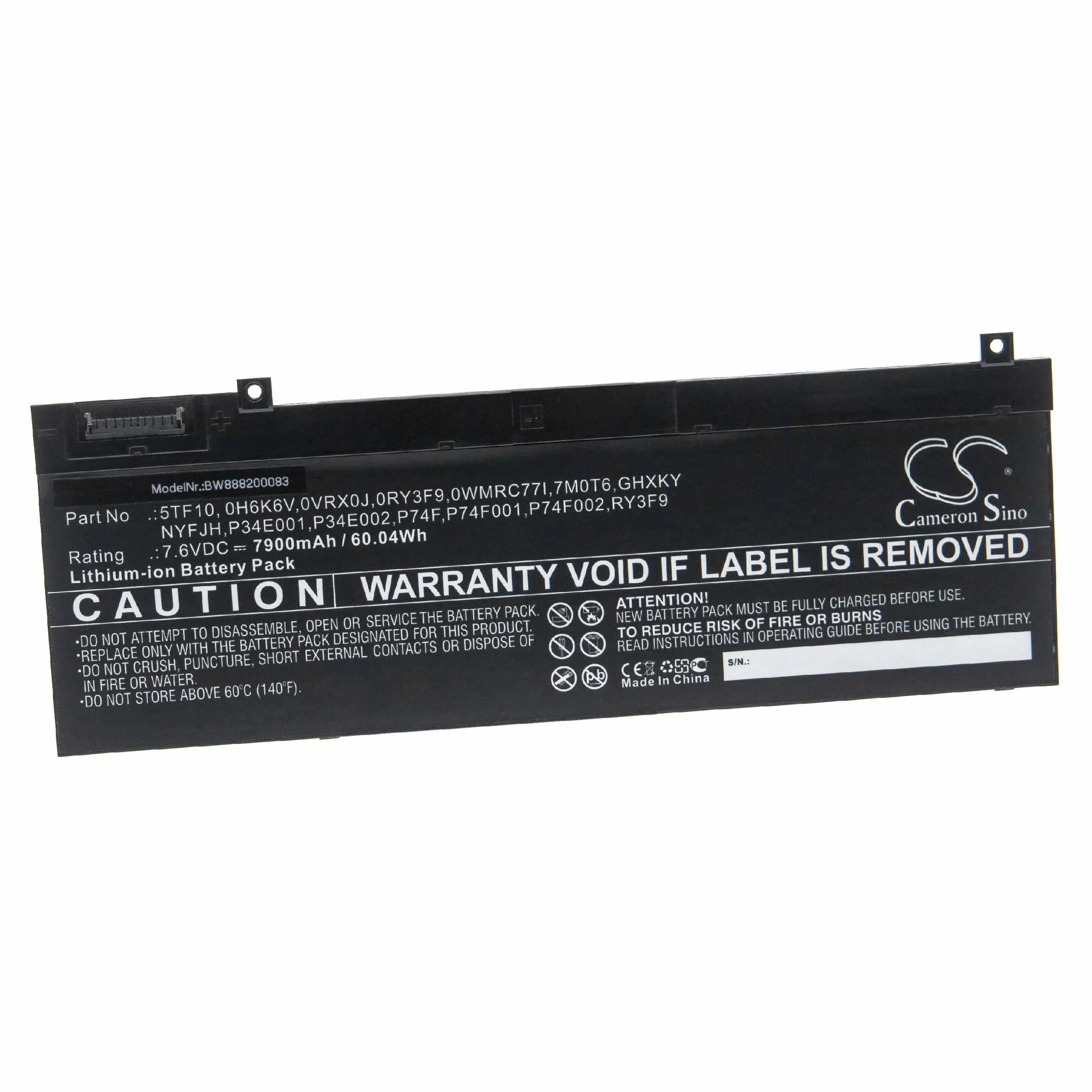 Batterie remplace Dell 0VRX0J, 0WMRC77I, 0H6K6V, 0RY3F9 pour ordinateur portable Dell- 7900mAh 7,6V Li-ion