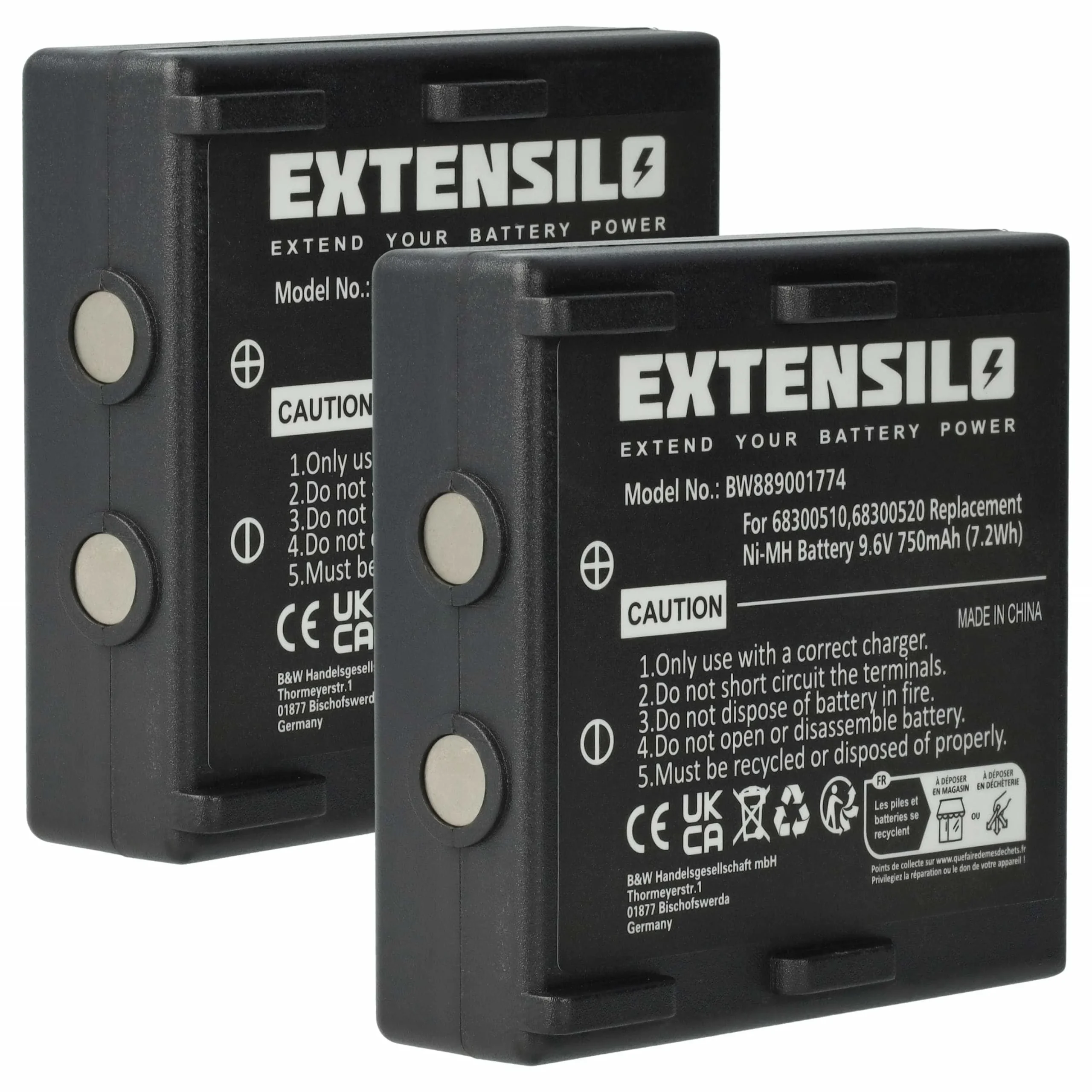 Batterie (2 pièces) remplace Abitron 68300510, 68300520, 68300525, 68300530, HE520, HT-02 - 750mAh 9,6V NiMH